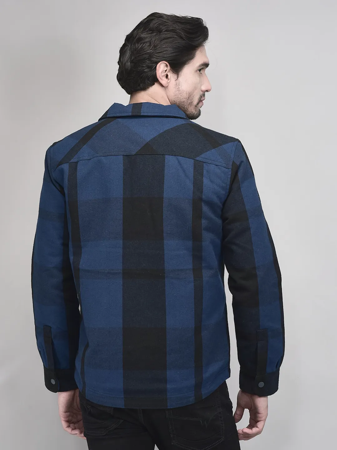 Blue/Black Polycotton Shacket For Men - Thumbnail 8
