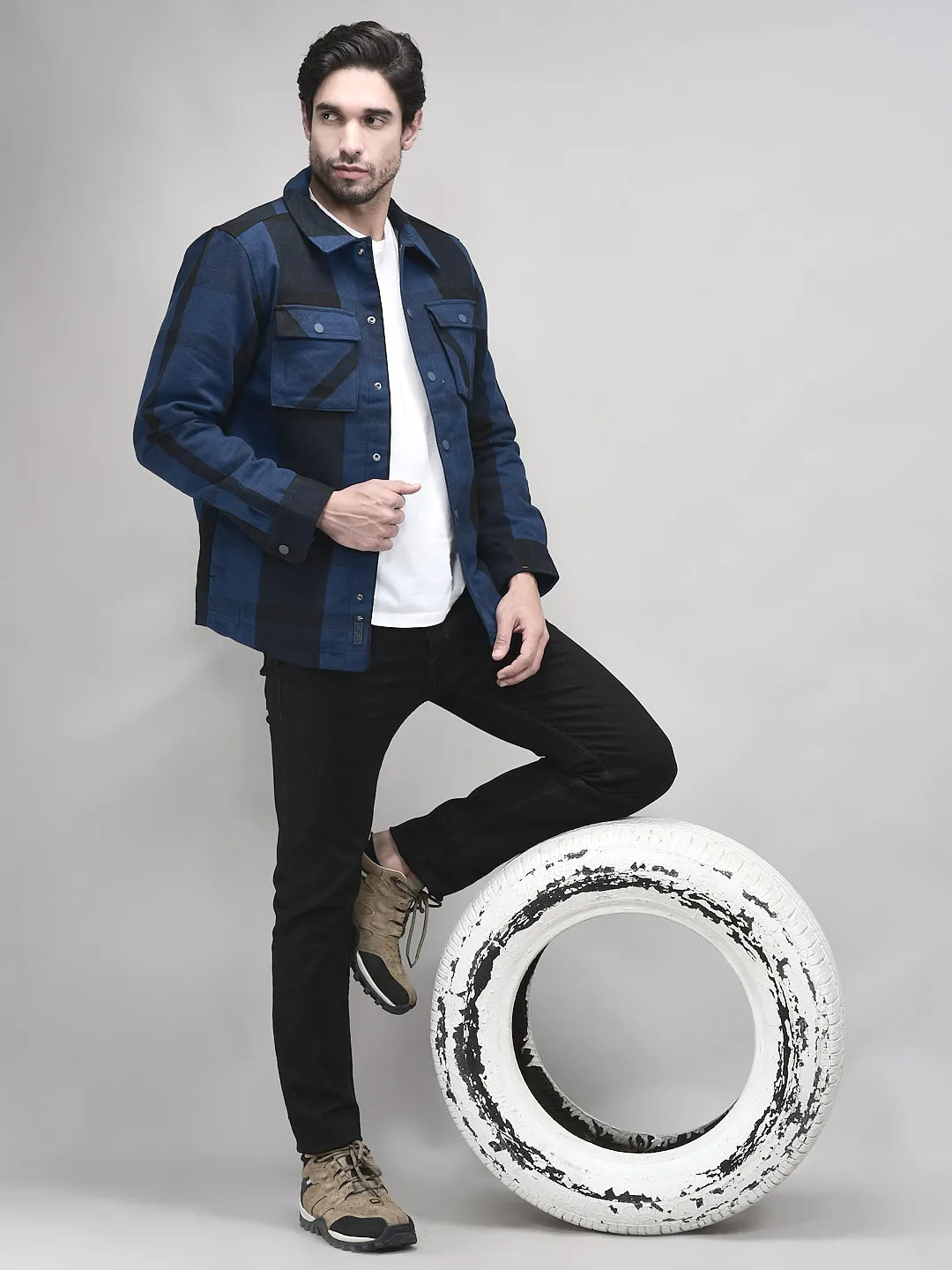 Blue/Black Polycotton Shacket For Men - Thumbnail 9