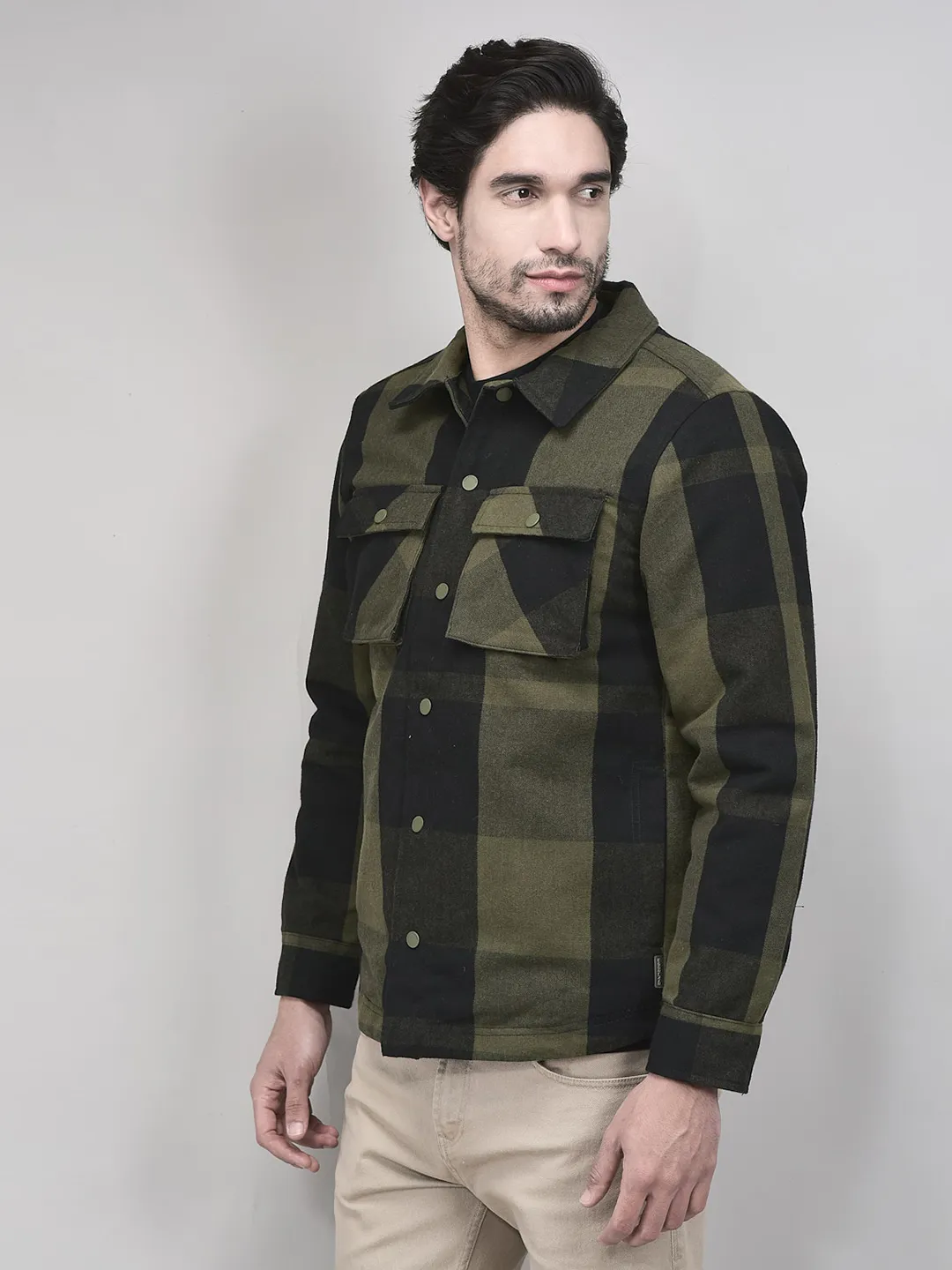 Olive/Black Polycotton Shacket For Men - Thumbnail 2