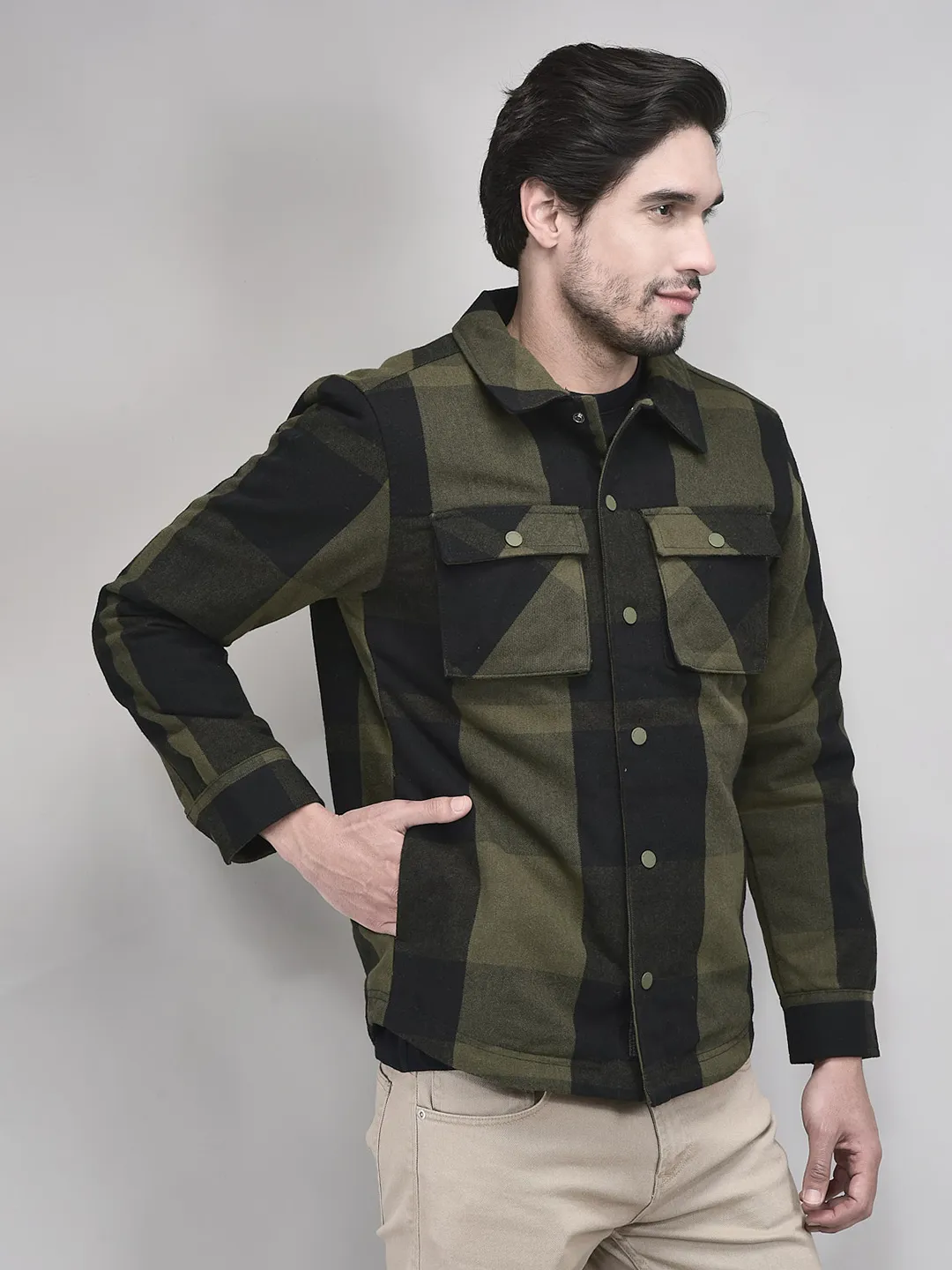Olive/Black Polycotton Shacket For Men - Thumbnail 3