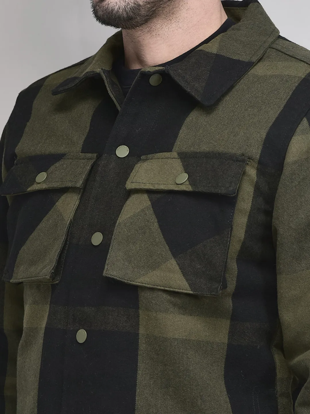 Olive/Black Polycotton Shacket For Men - Thumbnail 6