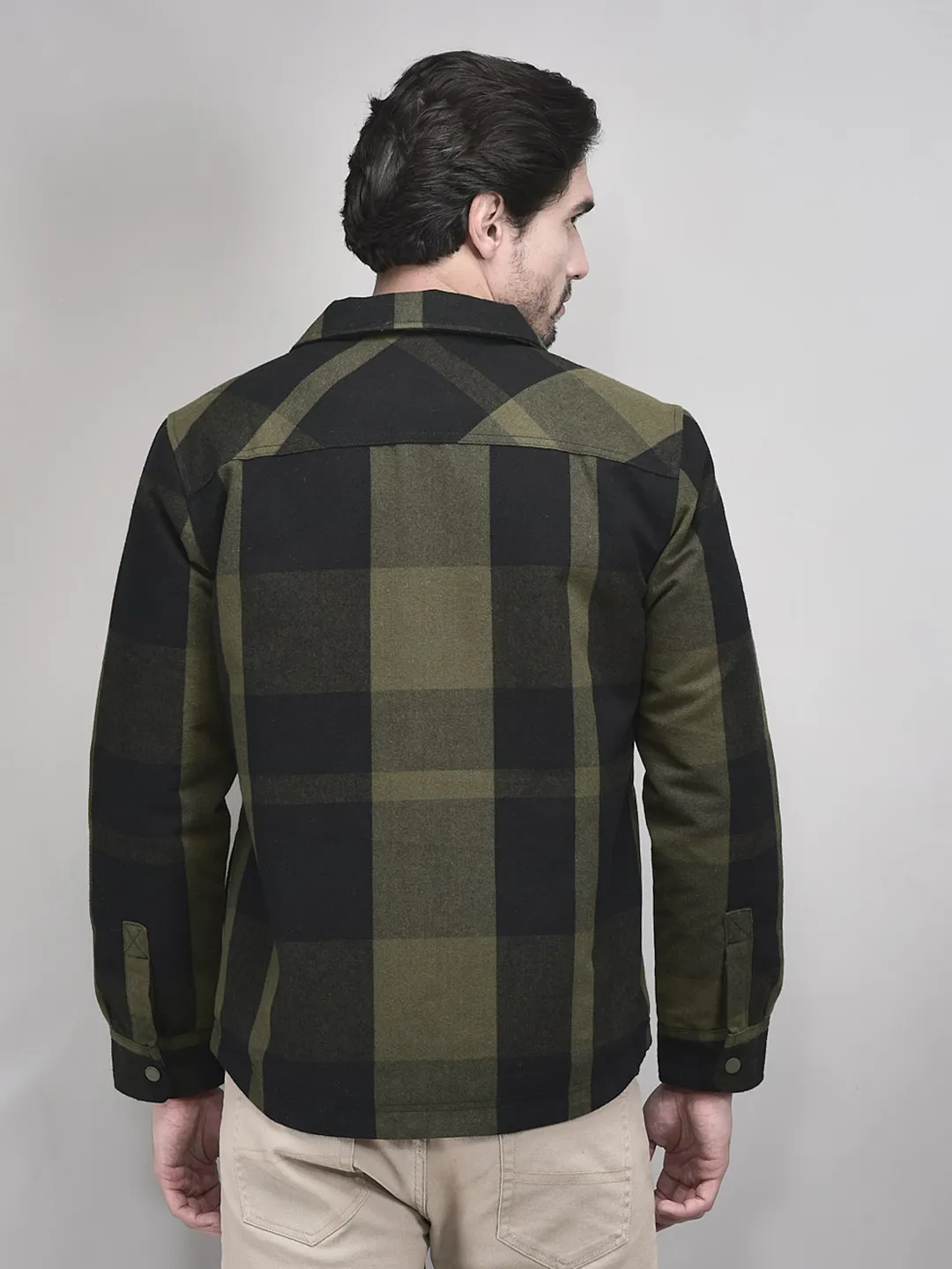 Olive/Black Polycotton Shacket For Men - Thumbnail 7