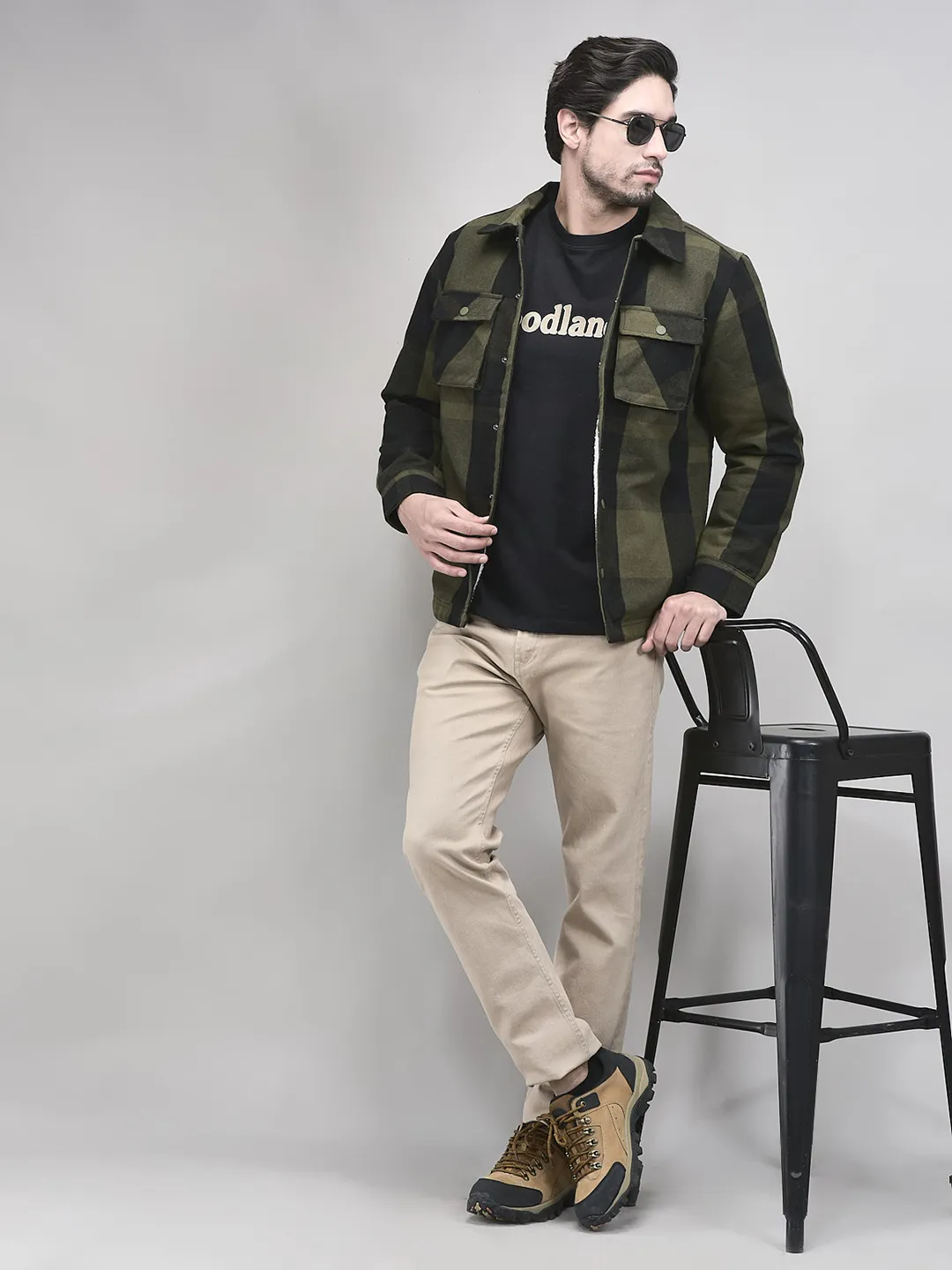 Olive/Black Polycotton Shacket For Men - Thumbnail 8