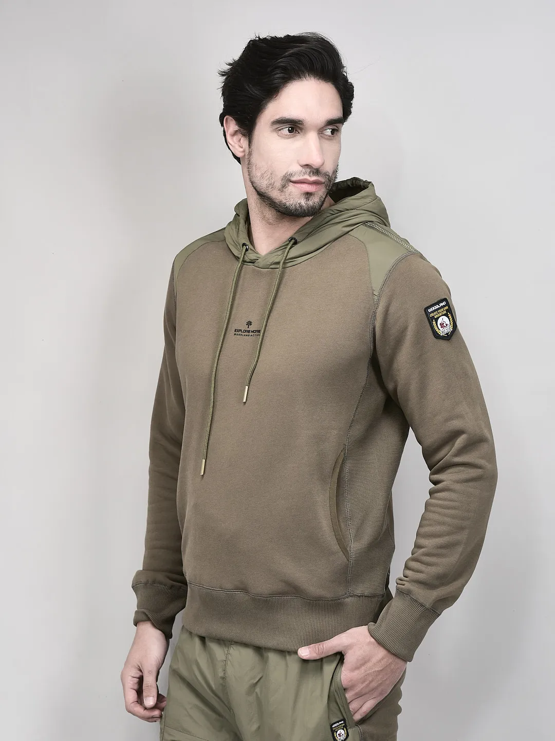 Woodland Men Olive Hoodie Sweatshirt - Thumbnail 4