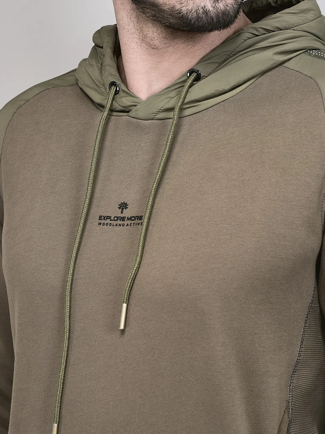 Woodland Men Olive Hoodie Sweatshirt - Thumbnail 5