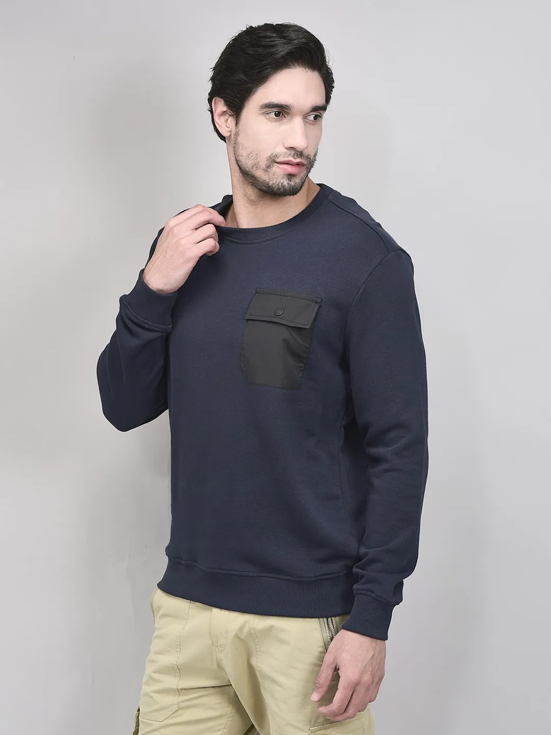 Navy Cotton Sweatshirt For Men - Thumbnail 3