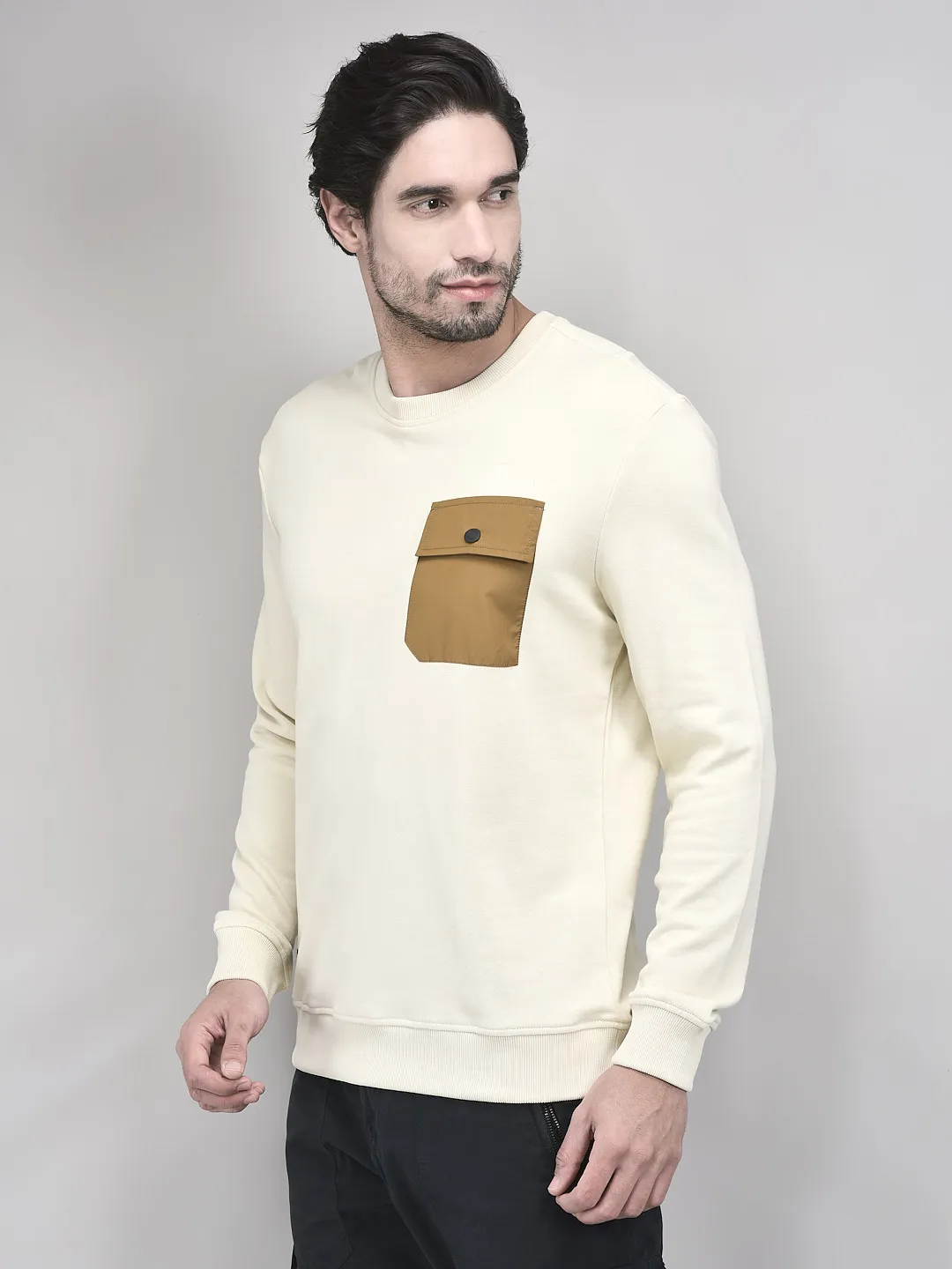 Off White Cotton Sweatshirt For Men - Thumbnail 3