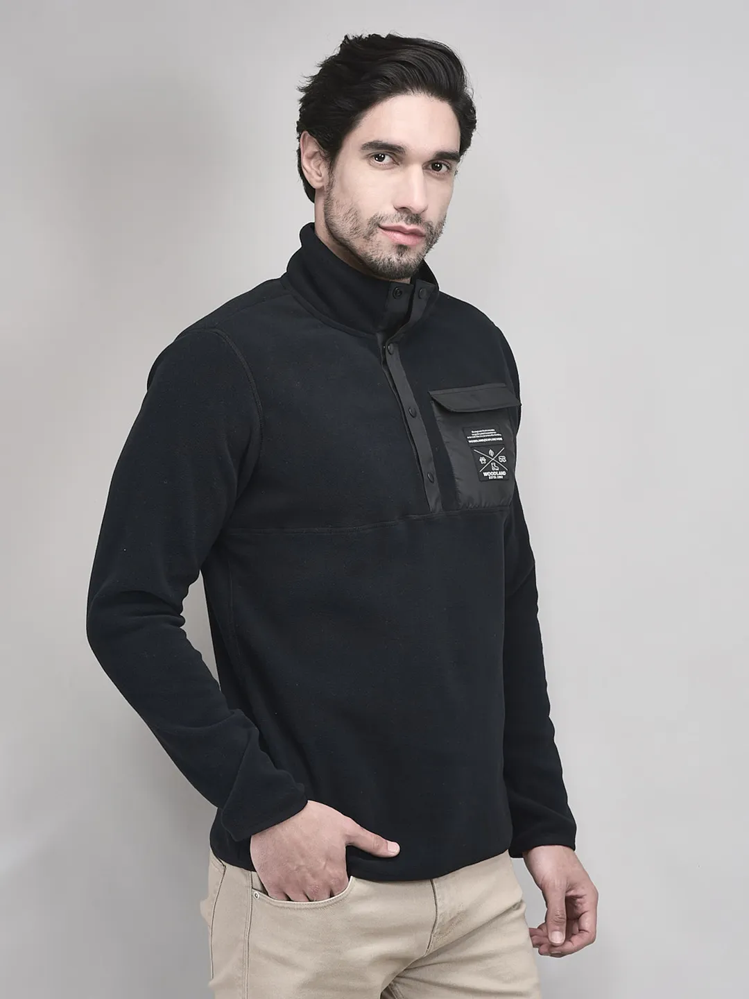 Black Polyester Men Polar Fleece Sweatshirt - Thumbnail 2