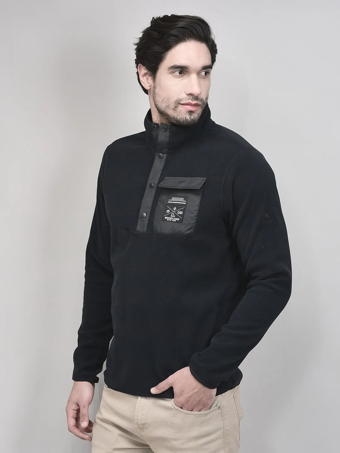 Black Polyester Men Polar Fleece Sweatshirt - Thumbnail 3