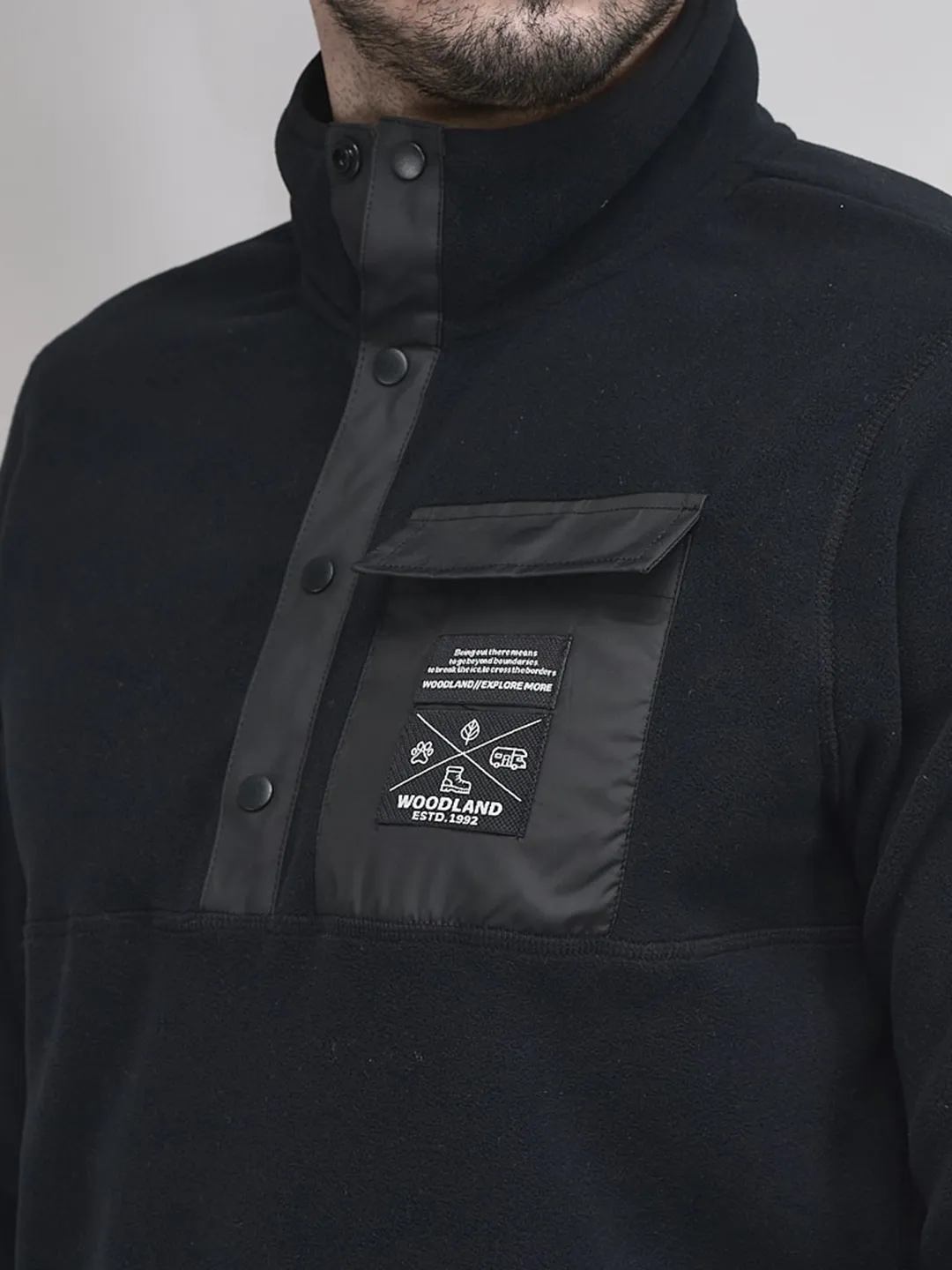 Black Polyester Men Polar Fleece Sweatshirt - Thumbnail 4