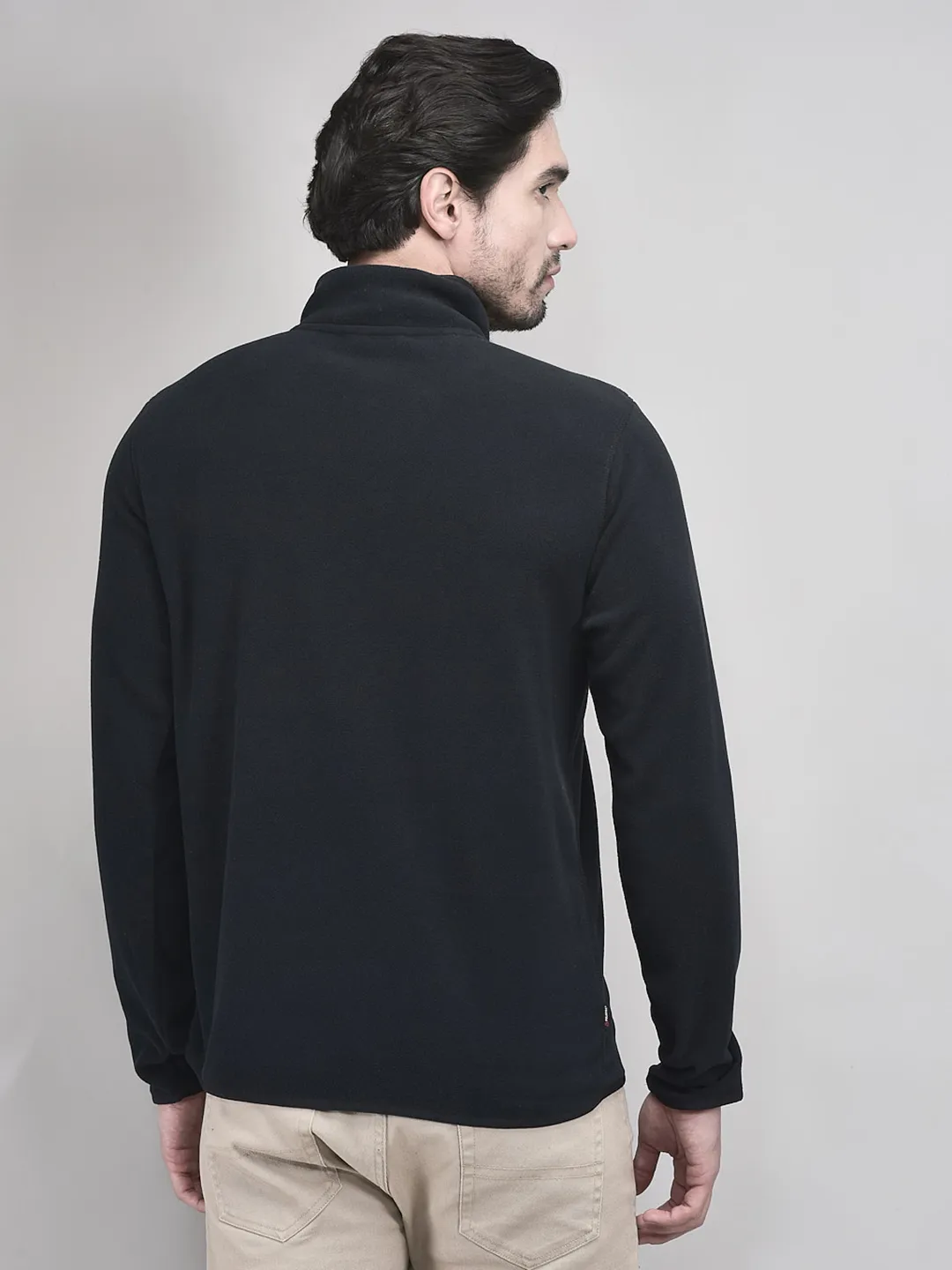 Black Polyester Men Polar Fleece Sweatshirt - Thumbnail 6