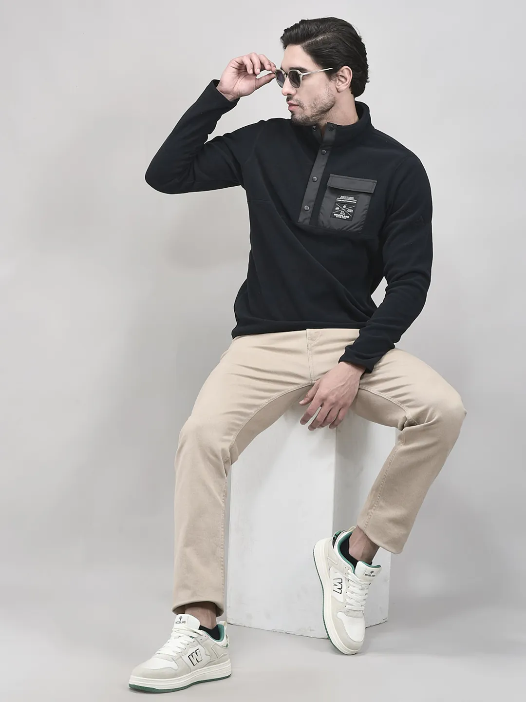 Black Polyester Men Polar Fleece Sweatshirt - Thumbnail 7