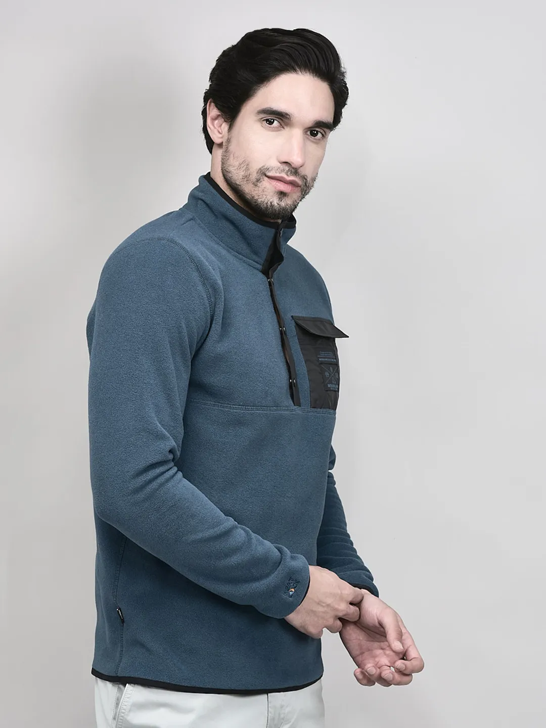 Navy Polyester Men Polar Fleece Sweatshirt - Thumbnail 2