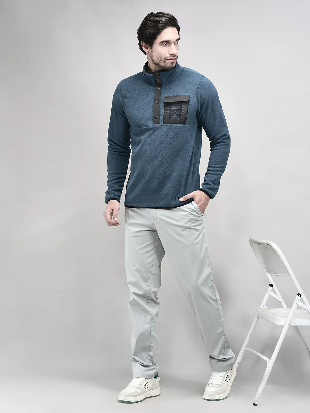 Navy Polyester Men Polar Fleece Sweatshirt - Thumbnail 7