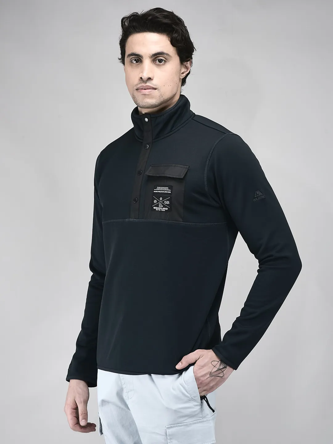Woodland Men Textured Black FS  Polar Fleece Sweatshirt - Thumbnail 2