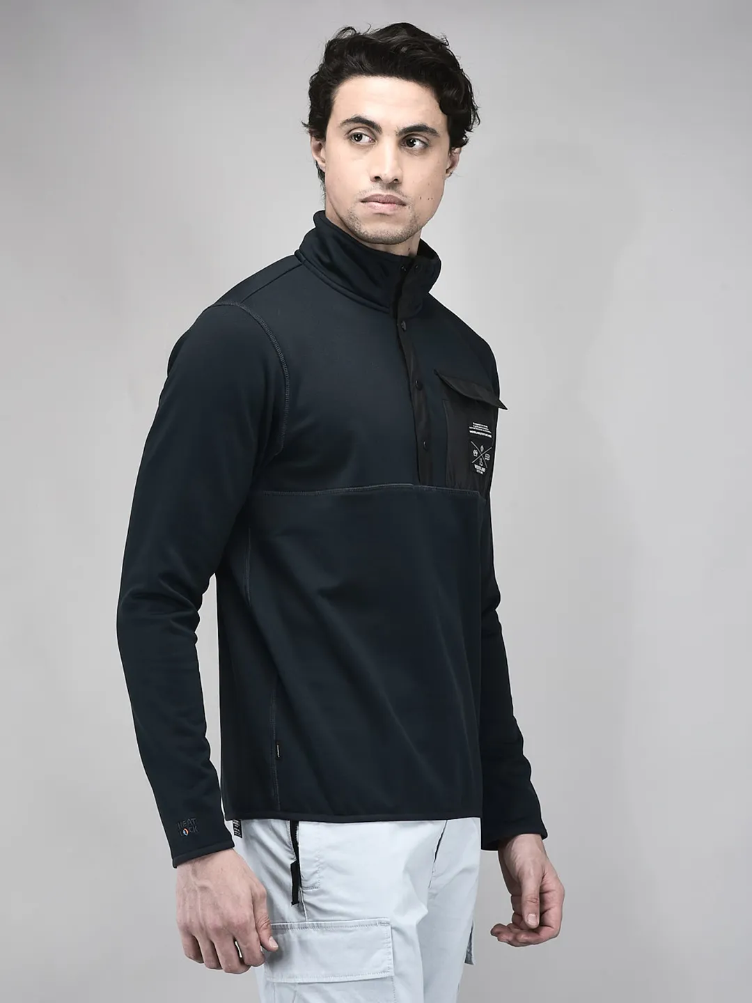 Woodland Men Textured Black FS  Polar Fleece Sweatshirt - Thumbnail 3