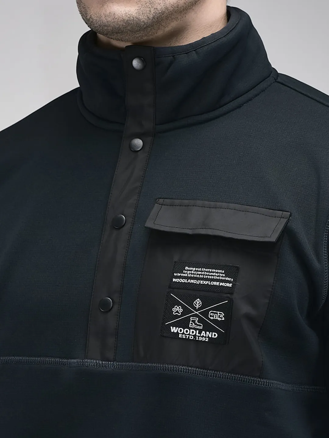 Woodland Men Textured Black FS  Polar Fleece Sweatshirt - Thumbnail 4