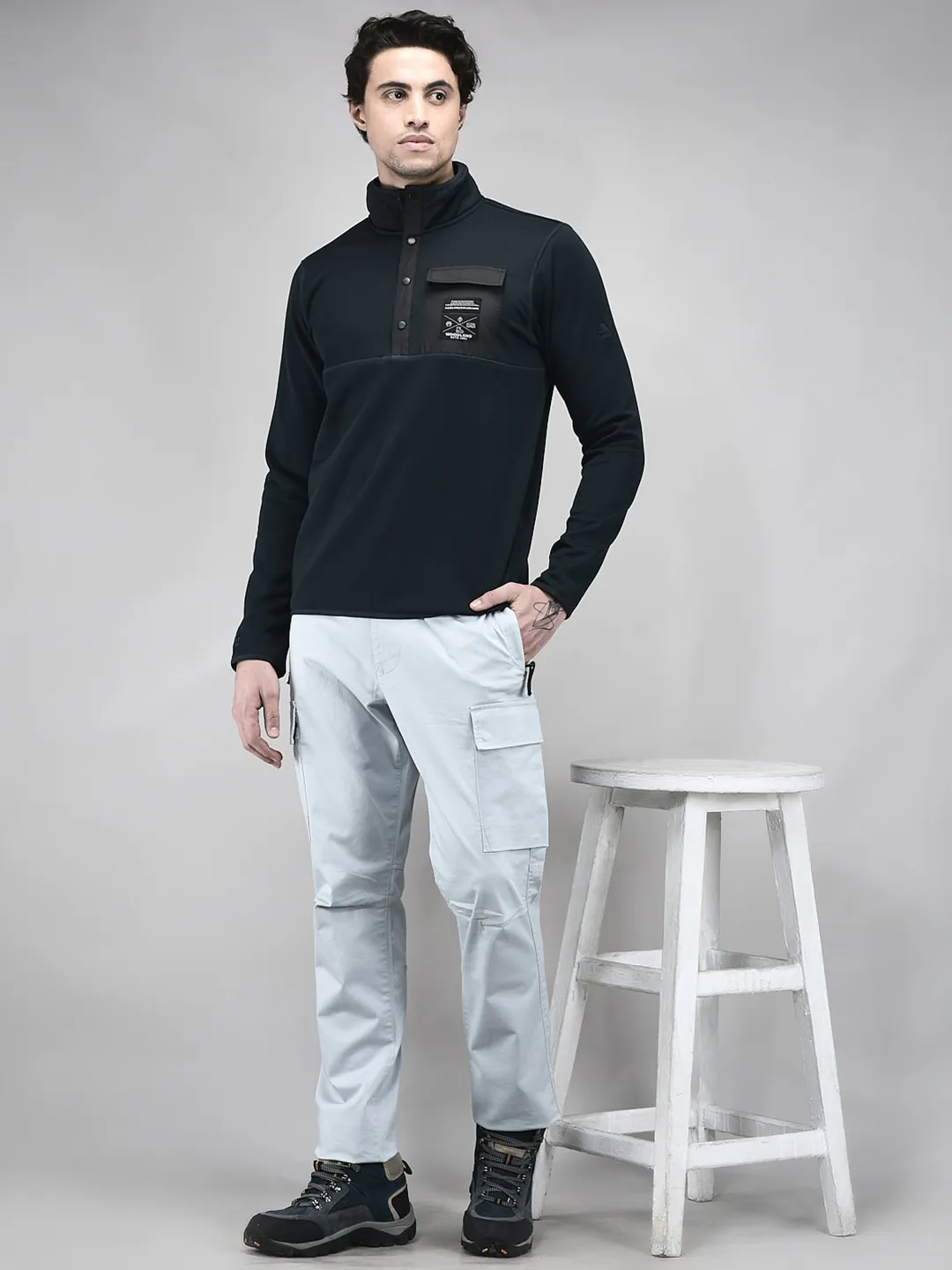 Woodland Men Textured Black FS  Polar Fleece Sweatshirt - Thumbnail 8