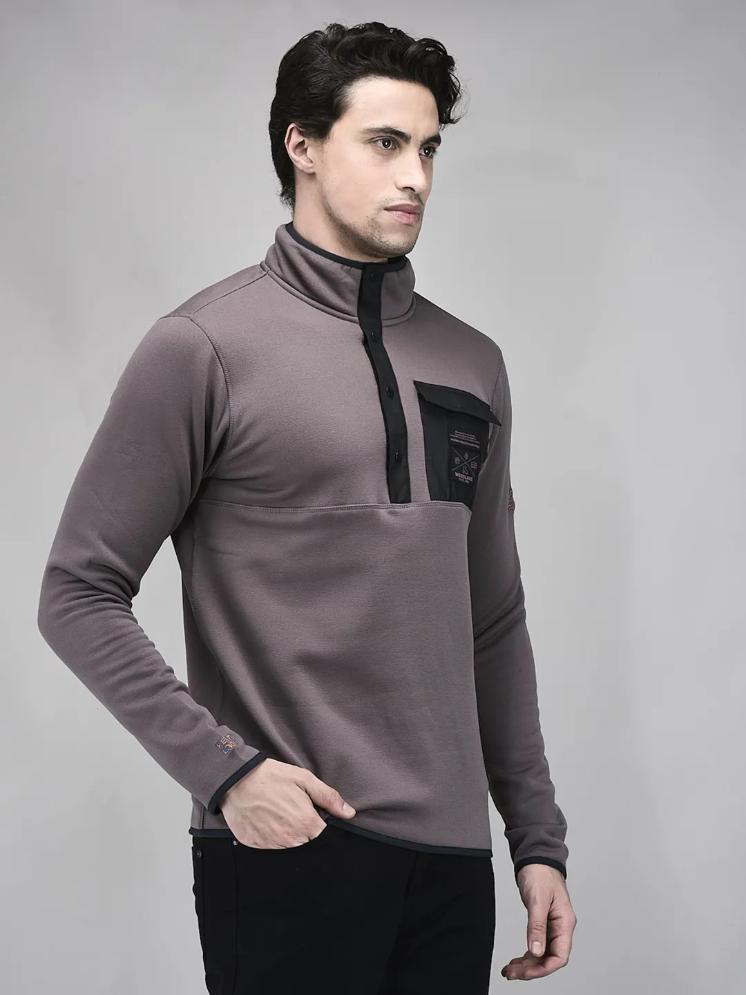 Woodland Men Egg Plant Polar Fleece Sweatshirt with Utility Pocket - Thumbnail 2