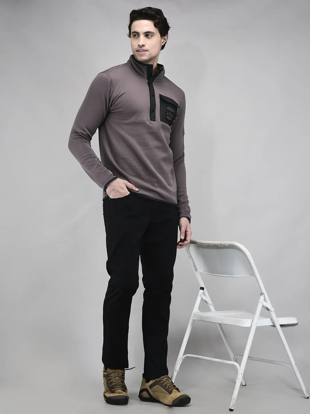 Woodland Men Egg Plant Polar Fleece Sweatshirt with Utility Pocket - Thumbnail 8