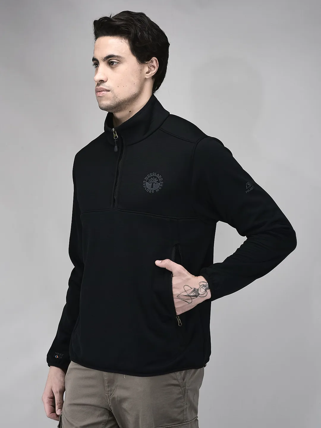 Woodland Men Black Polar Fleece Quarter-Zip Sweatshirt - Thumbnail 2