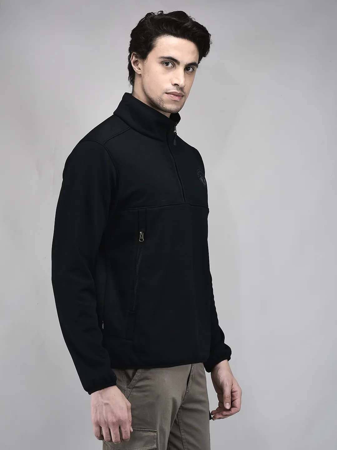 Woodland Men Black Polar Fleece Quarter-Zip Sweatshirt - Thumbnail 3