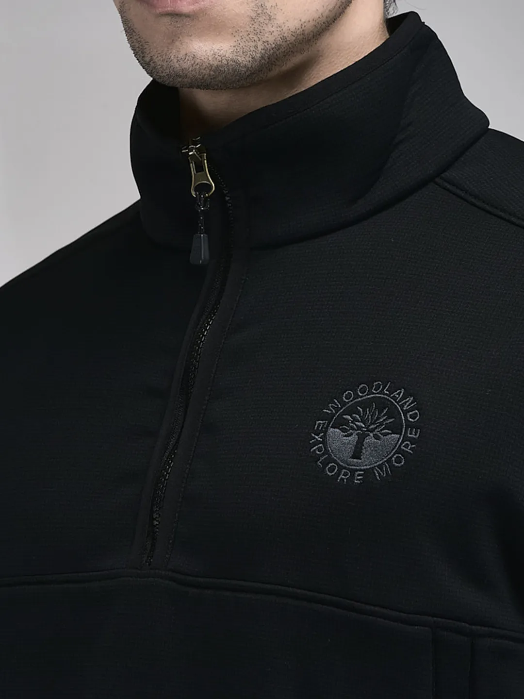 Woodland Men Black Polar Fleece Quarter-Zip Sweatshirt - Thumbnail 4