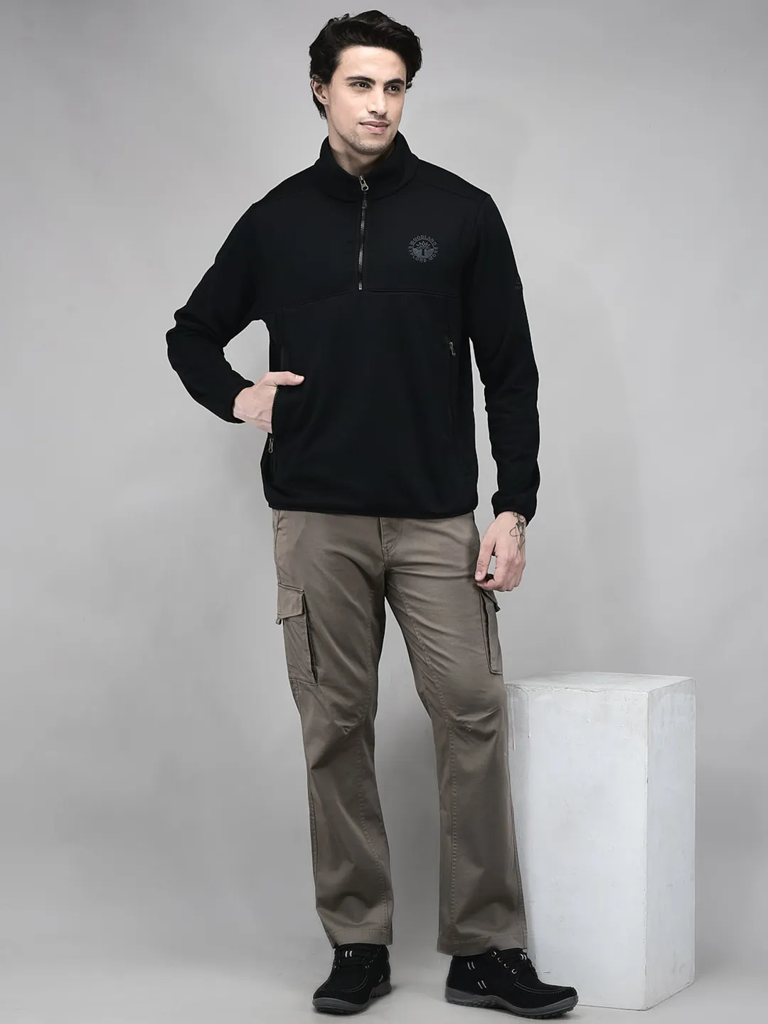 Woodland Men Black Polar Fleece Quarter-Zip Sweatshirt - Thumbnail 8