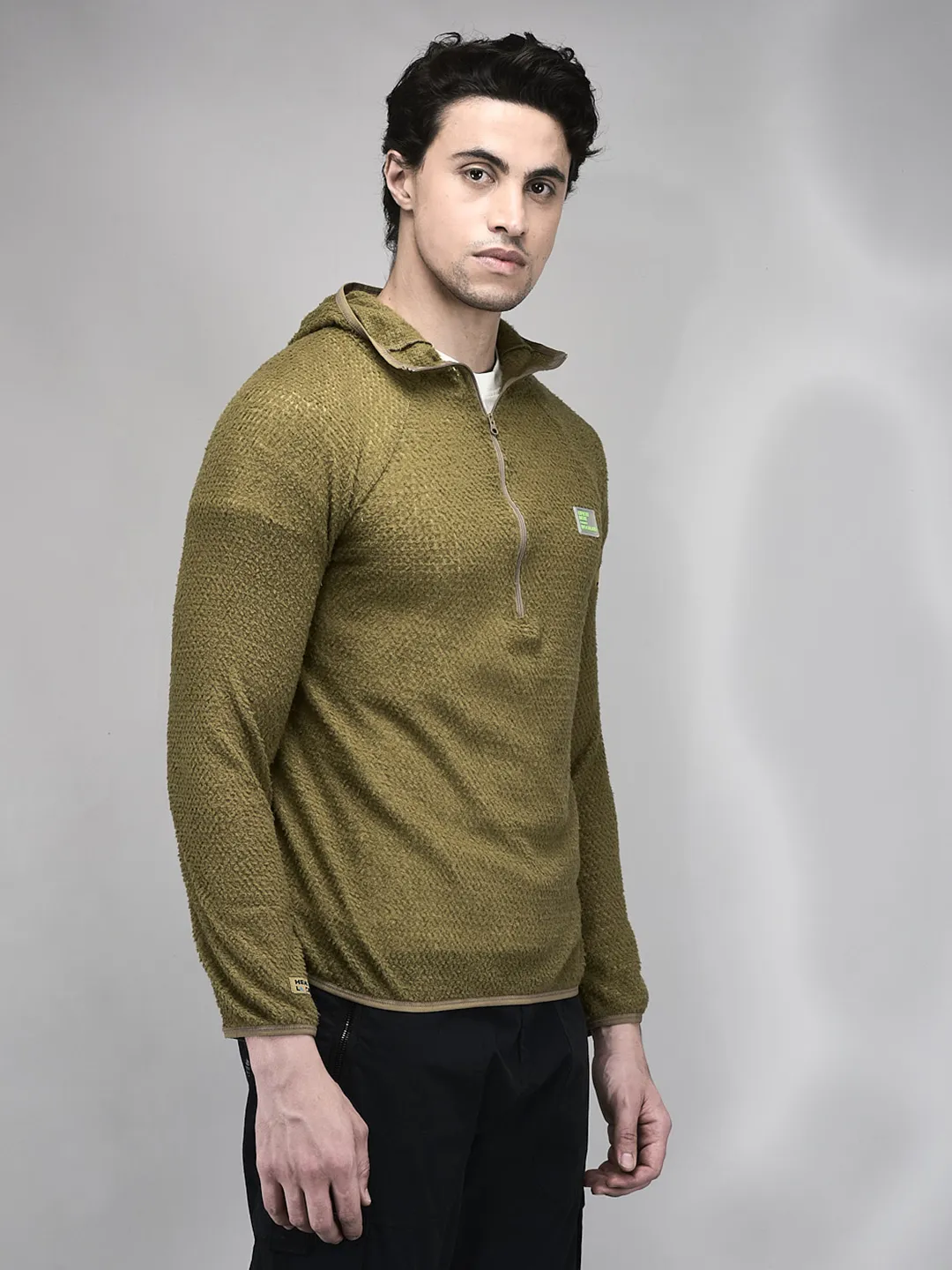 Men Olive Polar Fleece Quarter-Zip Hoodie - Thumbnail 2