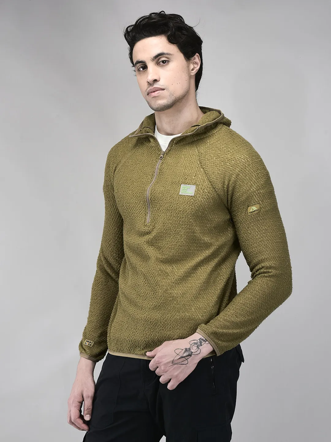 Men Olive Polar Fleece Quarter-Zip Hoodie - Thumbnail 3