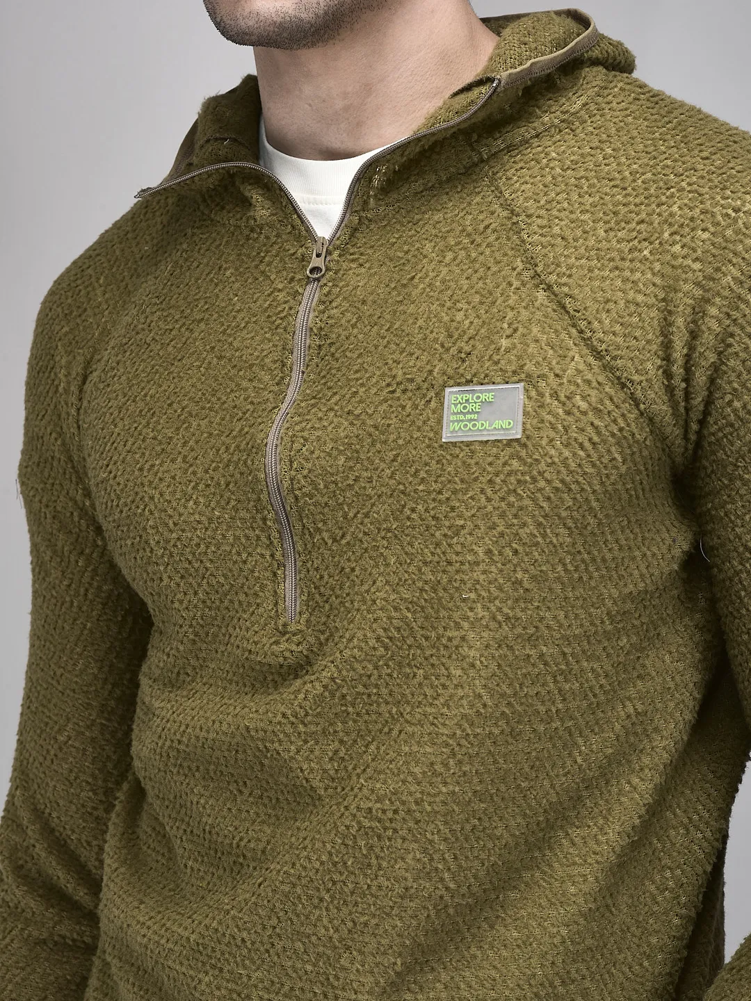 Men Olive Polar Fleece Quarter-Zip Hoodie - Thumbnail 4