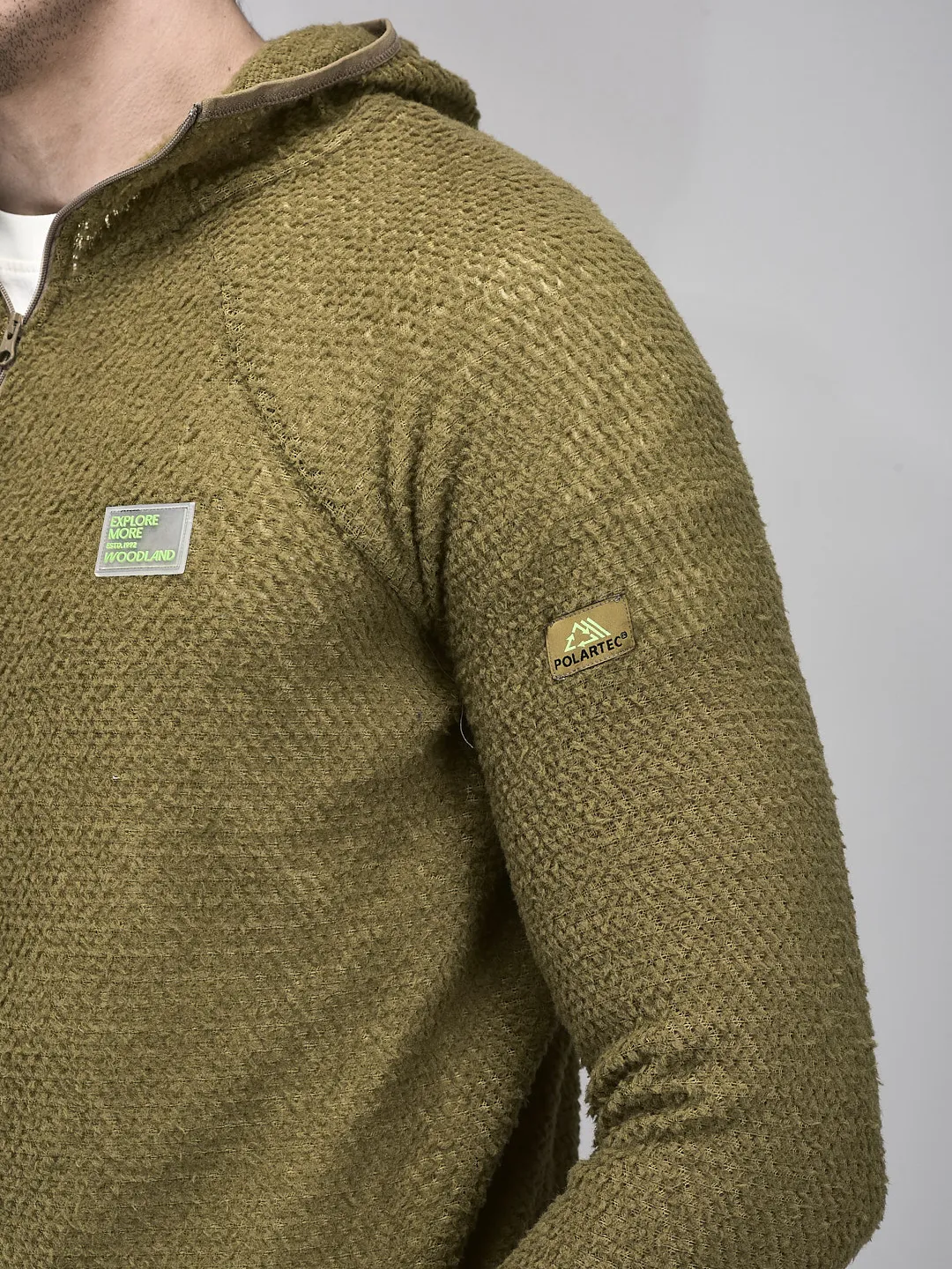 Men Olive Polar Fleece Quarter-Zip Hoodie - Thumbnail 5