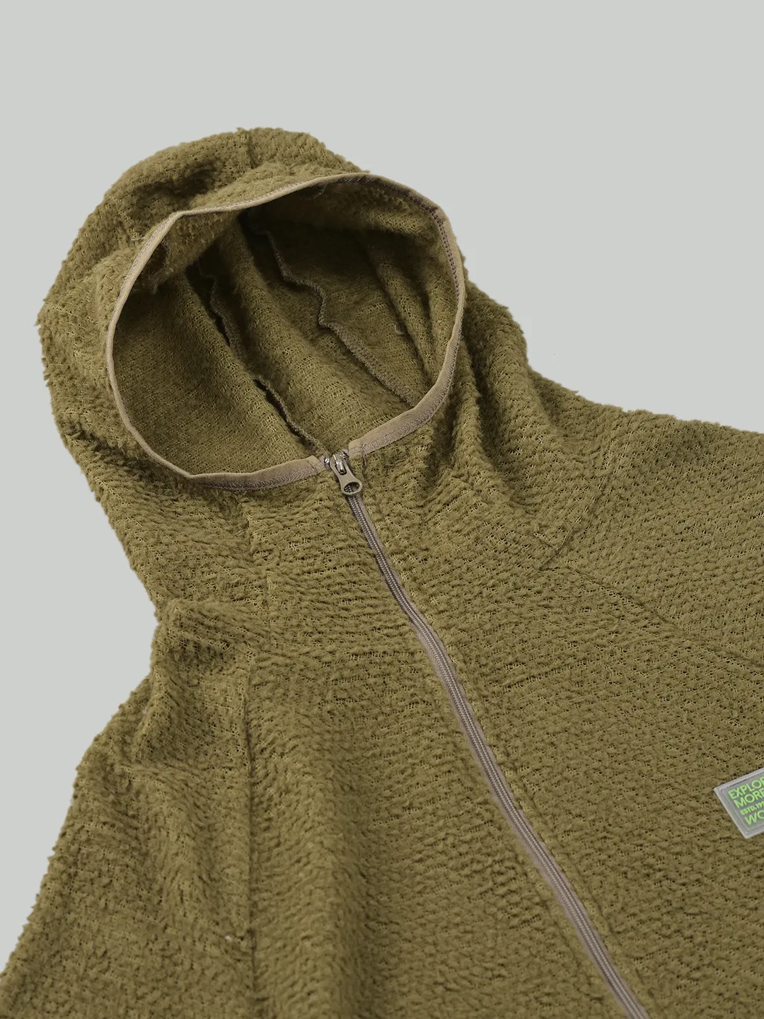 Men Olive Polar Fleece Quarter-Zip Hoodie - Thumbnail 6