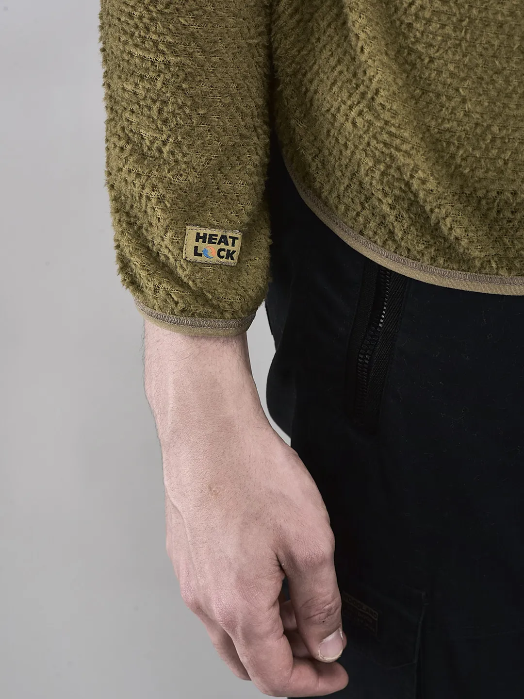 Men Olive Polar Fleece Quarter-Zip Hoodie - Thumbnail 7