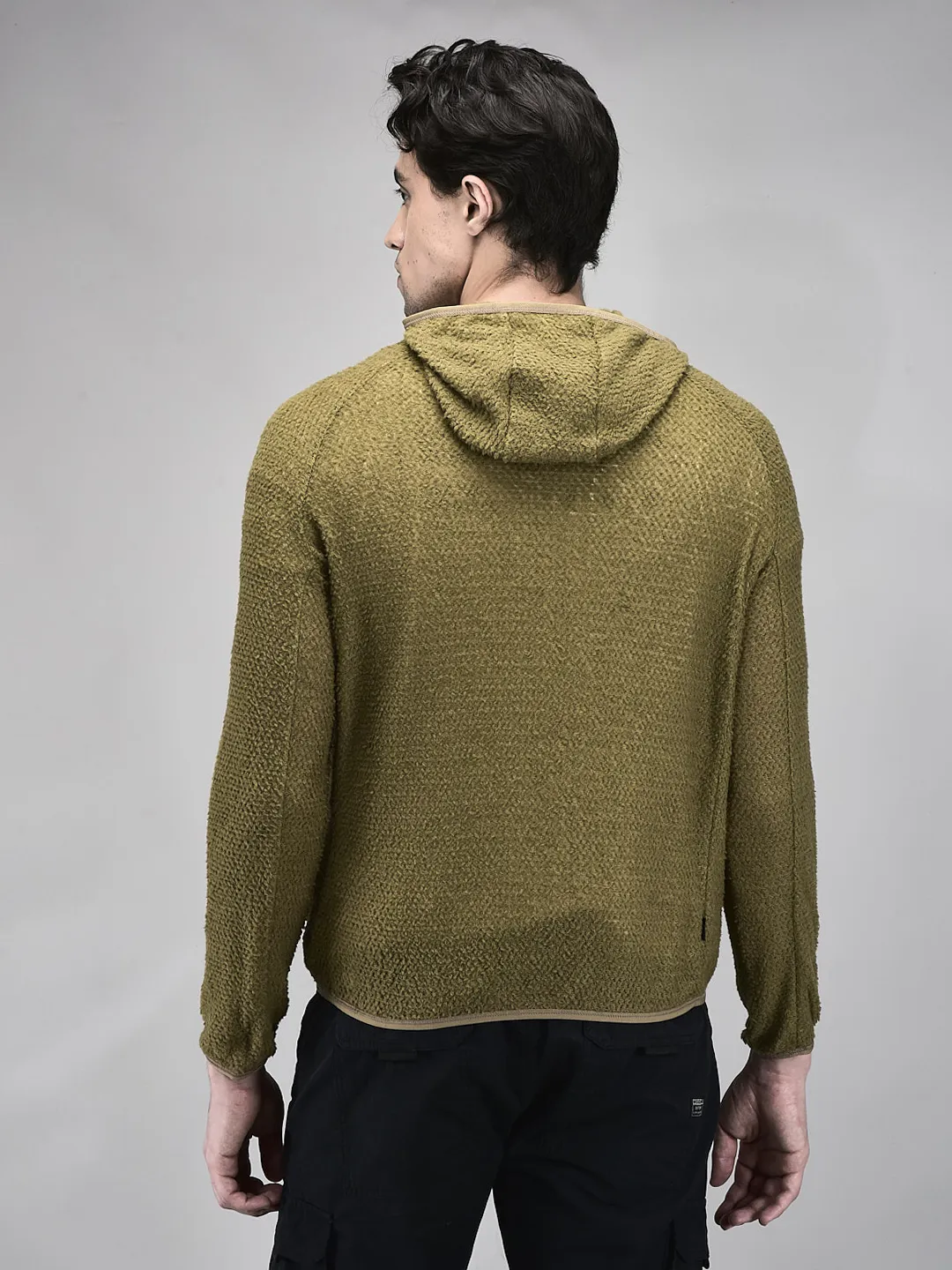 Men Olive Polar Fleece Quarter-Zip Hoodie - Thumbnail 8