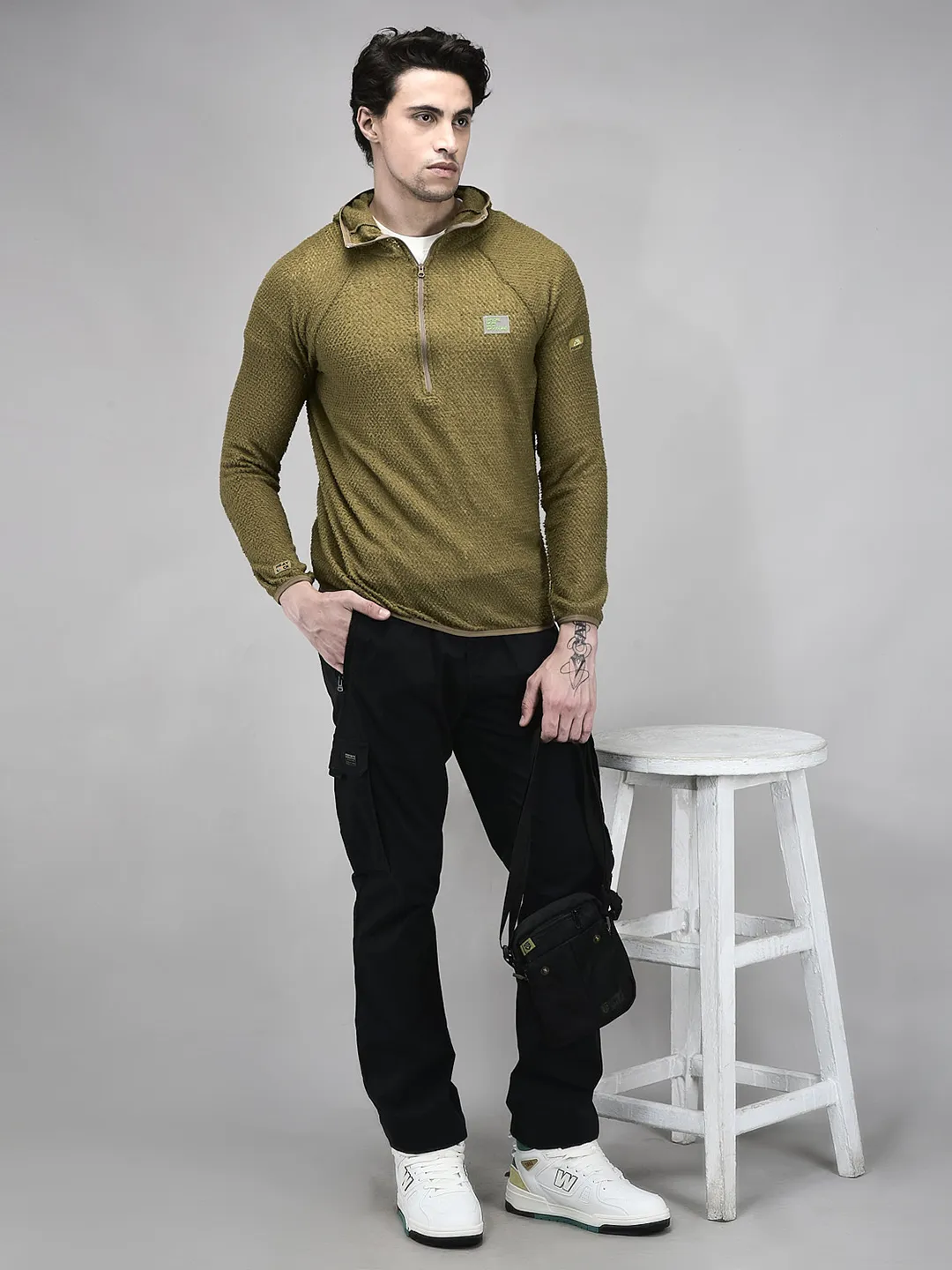 Men Olive Polar Fleece Quarter-Zip Hoodie - Thumbnail 9