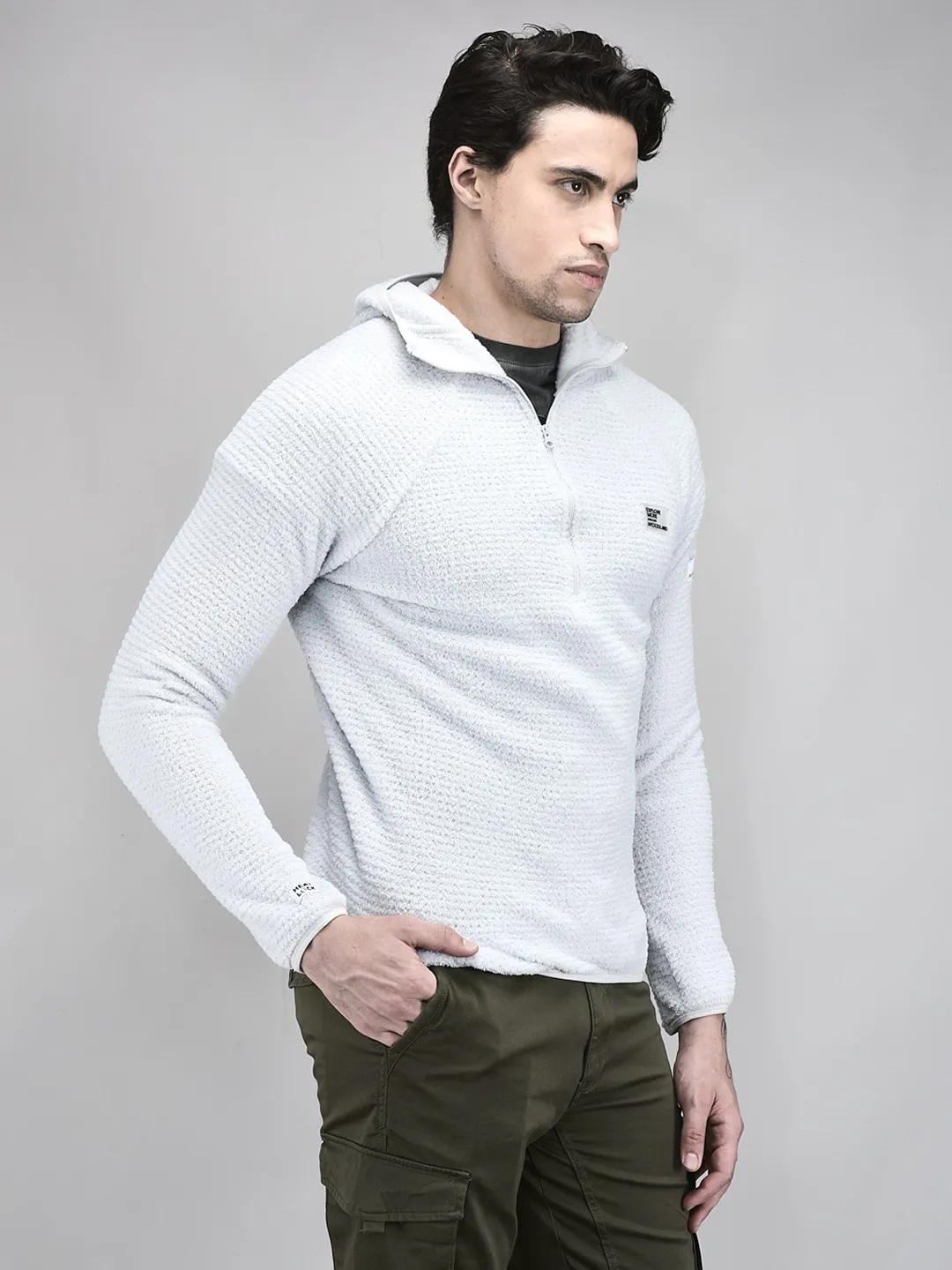 Men White Polar Fleece Quarter-Zip Hoodie - Thumbnail 2