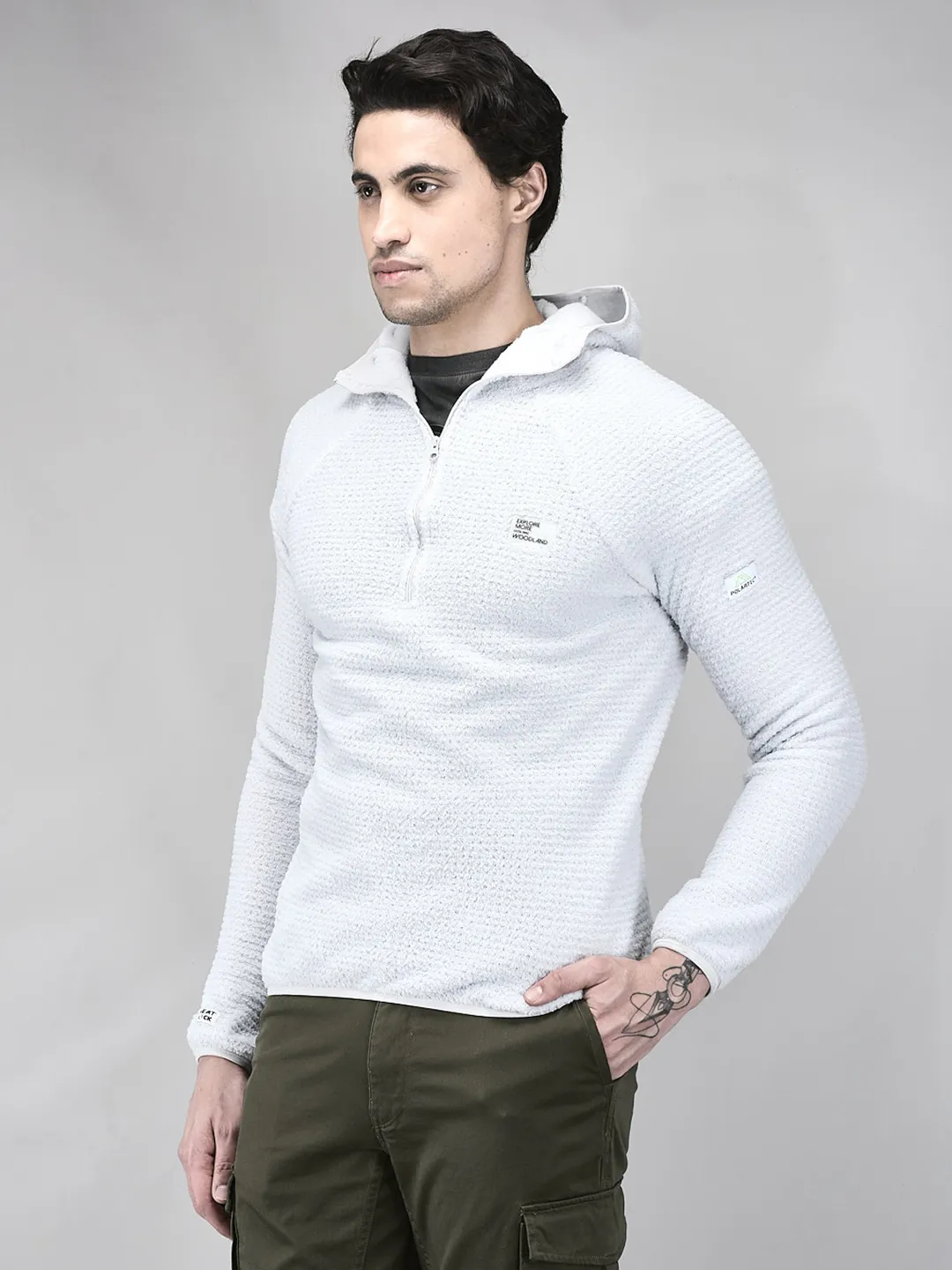 Men White Polar Fleece Quarter-Zip Hoodie - Thumbnail 3