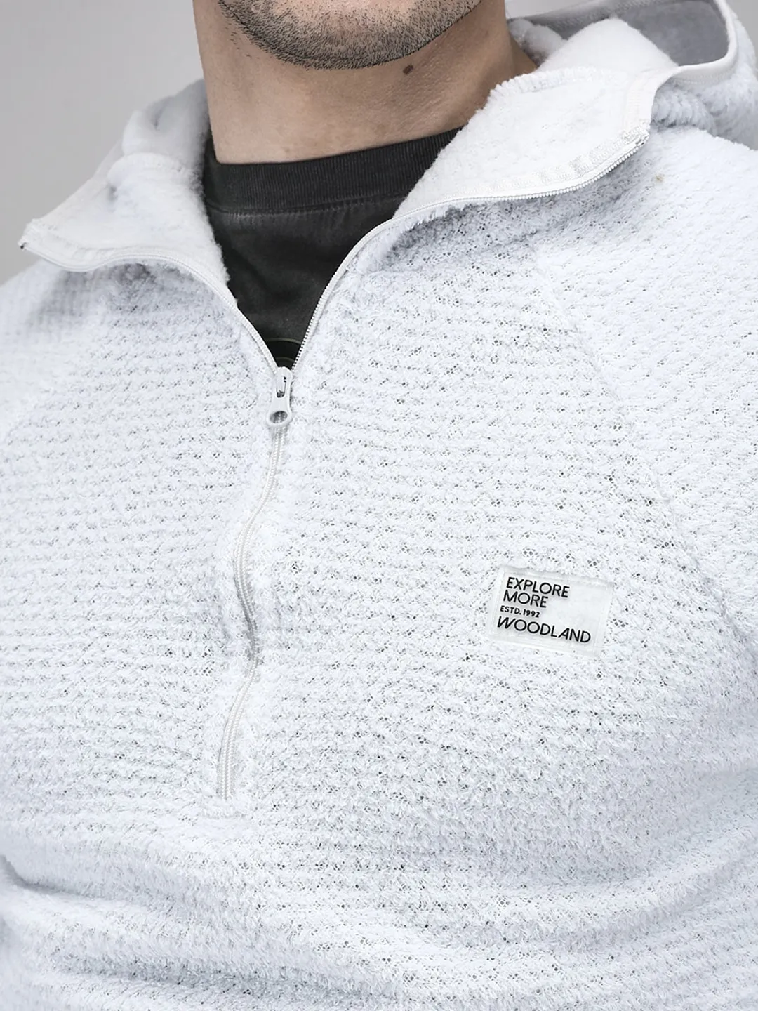 Men White Polar Fleece Quarter-Zip Hoodie - Thumbnail 4