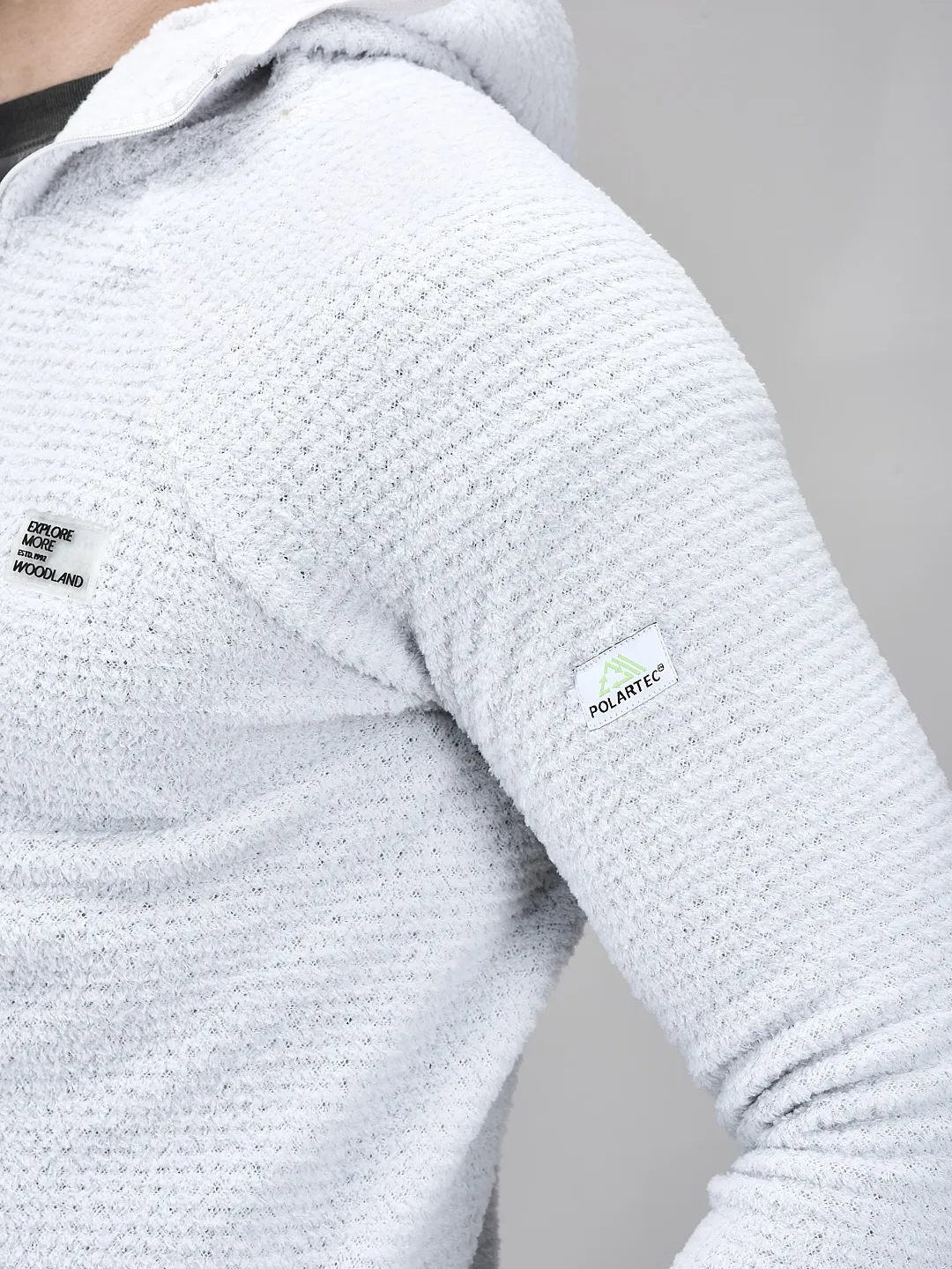 Men White Polar Fleece Quarter-Zip Hoodie - Thumbnail 5