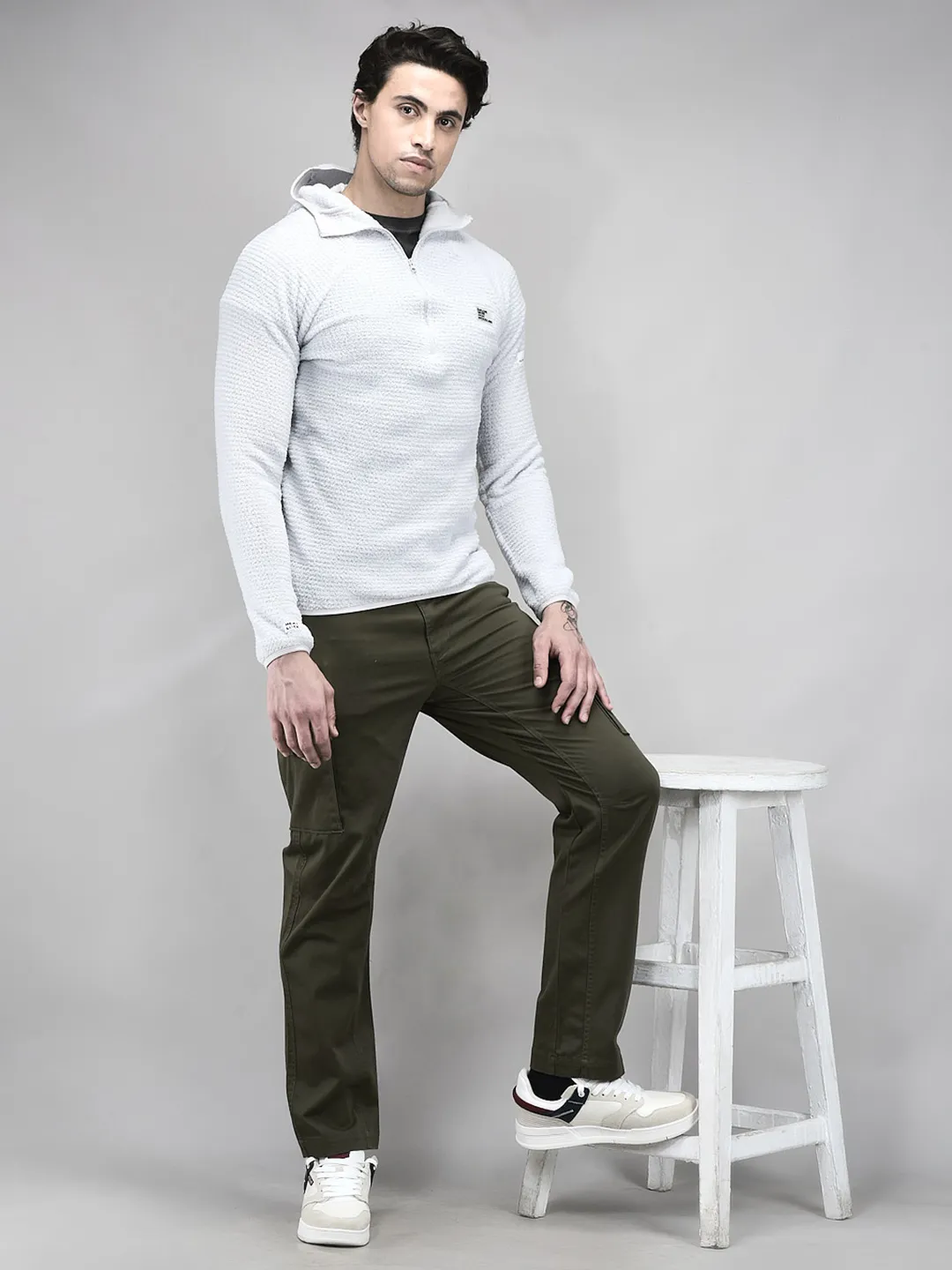Men White Polar Fleece Quarter-Zip Hoodie - Thumbnail 8