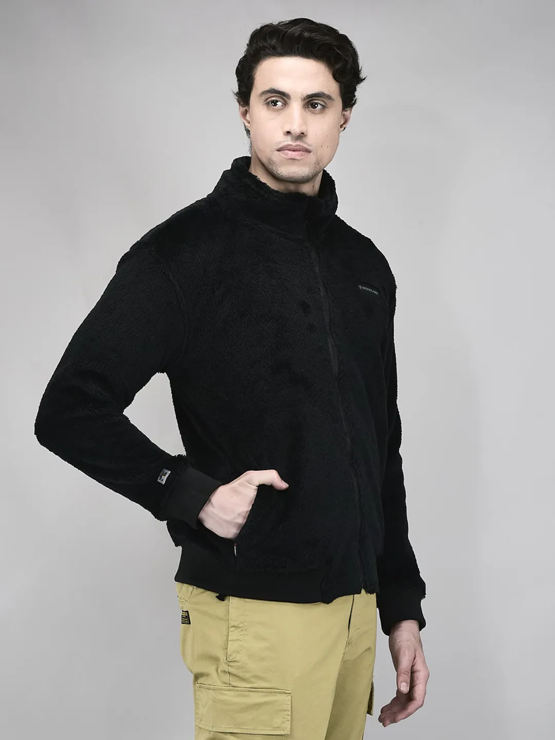 Woodland Men Black Polar Fleece Zipper Sweatshirt - Thumbnail 2