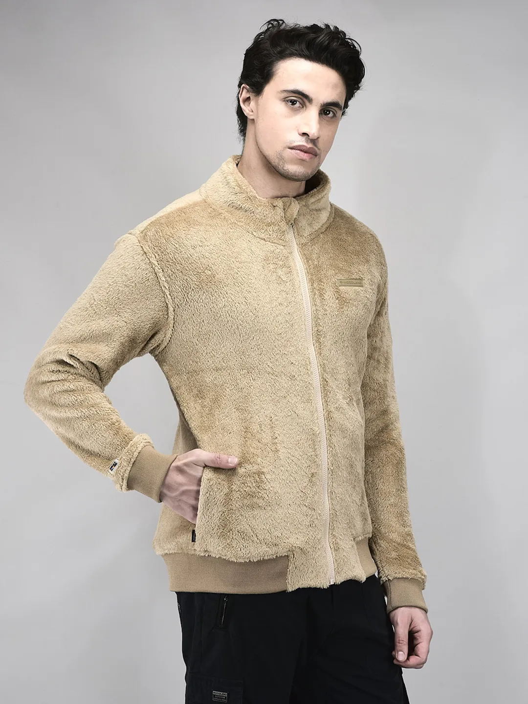 Woodland Men Camel Polar Fleece Zipper Sweatshirt - Thumbnail 2