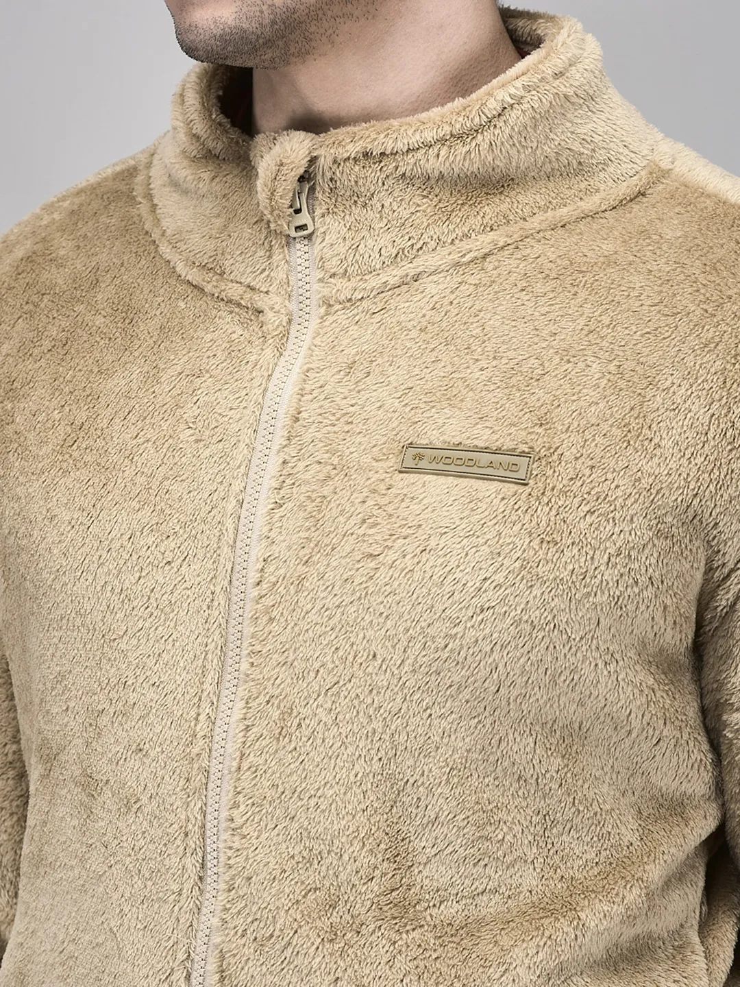 Woodland Men Camel Polar Fleece Zipper Sweatshirt - Thumbnail 4