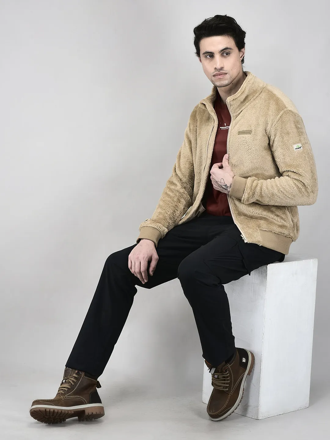 Woodland Men Camel Polar Fleece Zipper Sweatshirt - Thumbnail 8