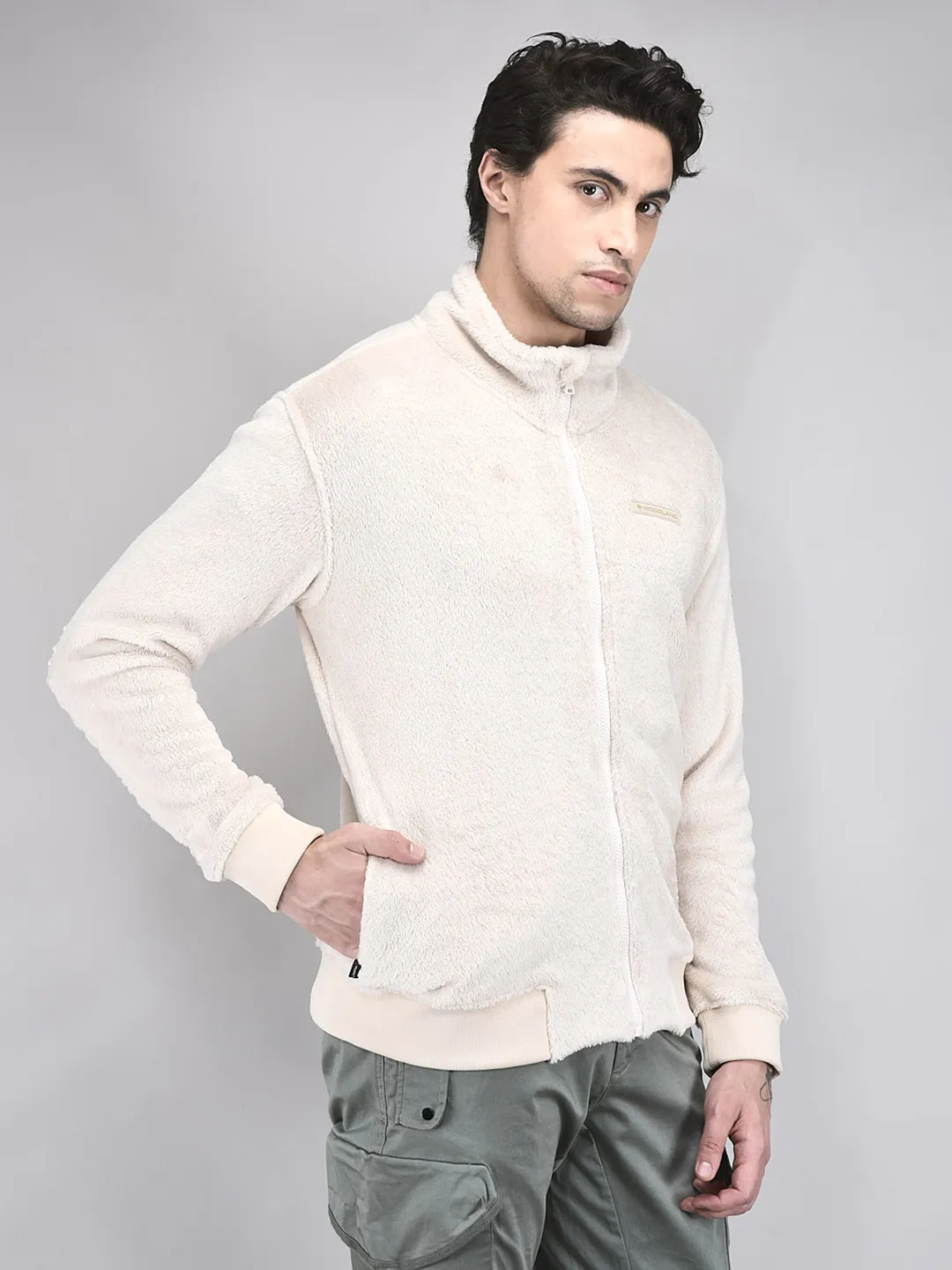 Woodland Men Cream Polar Fleece Zipper Sweatshirt - Thumbnail 2
