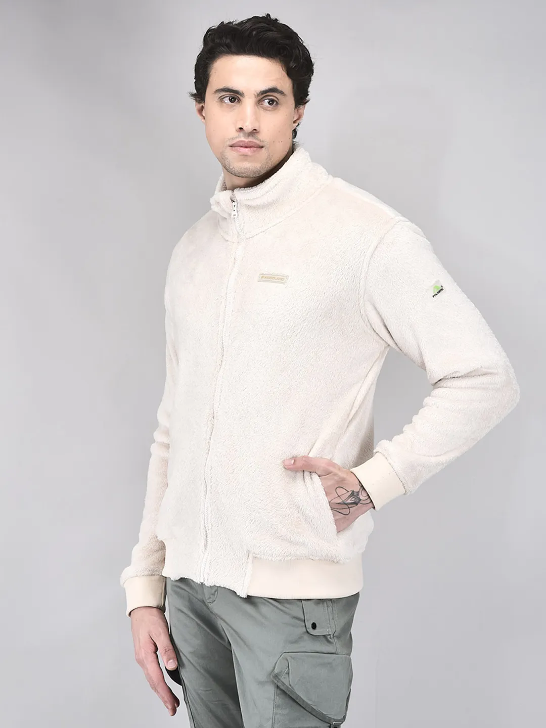 Woodland Men Cream Polar Fleece Zipper Sweatshirt - Thumbnail 3