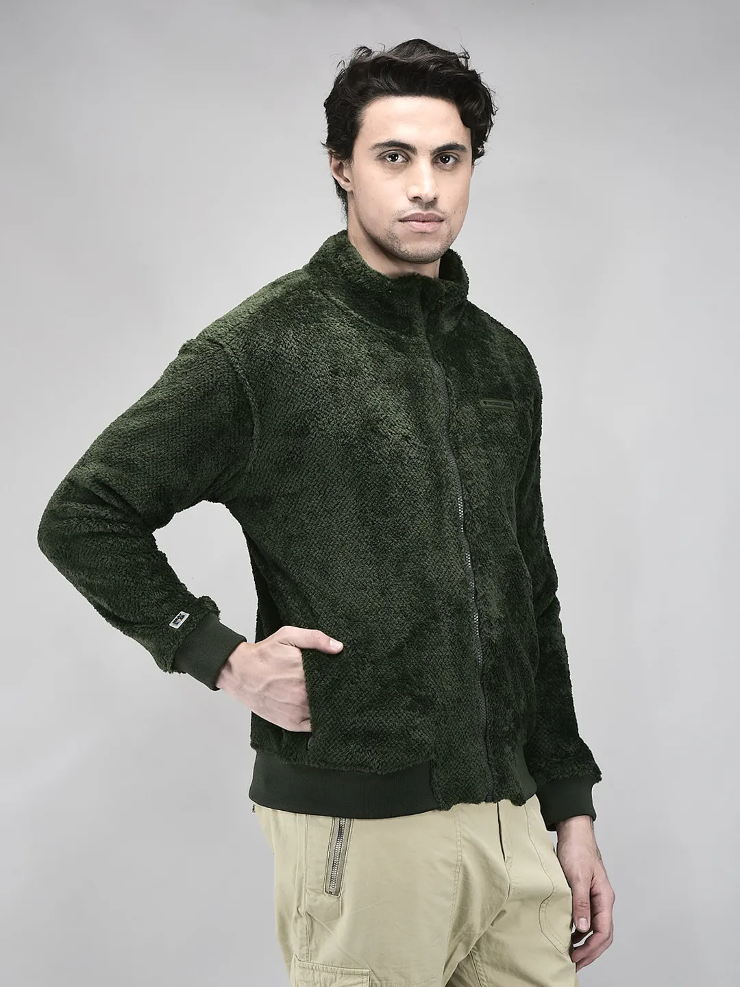 Woodland Men Pine Green Polar Fleece Zipper Sweatshirt - Thumbnail 2
