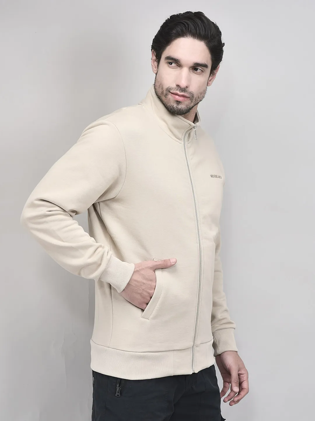 Woodland Beige Zipper Sweatshirt For Men - Thumbnail 2