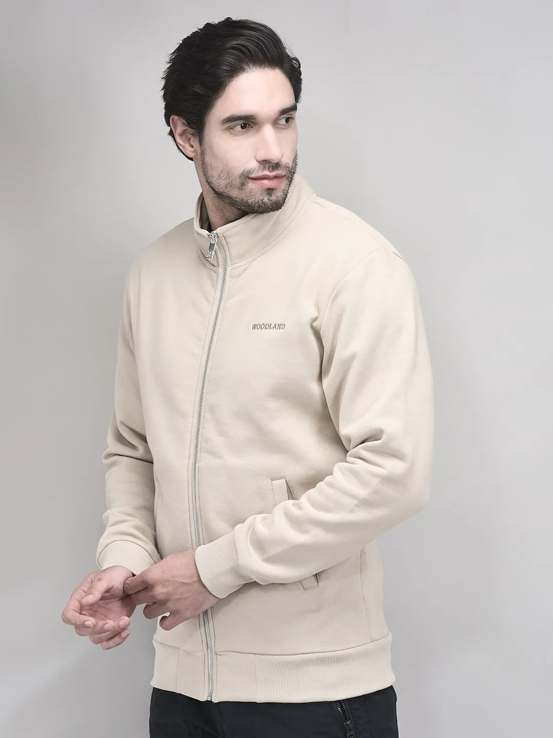 Woodland Beige Zipper Sweatshirt For Men - Thumbnail 3